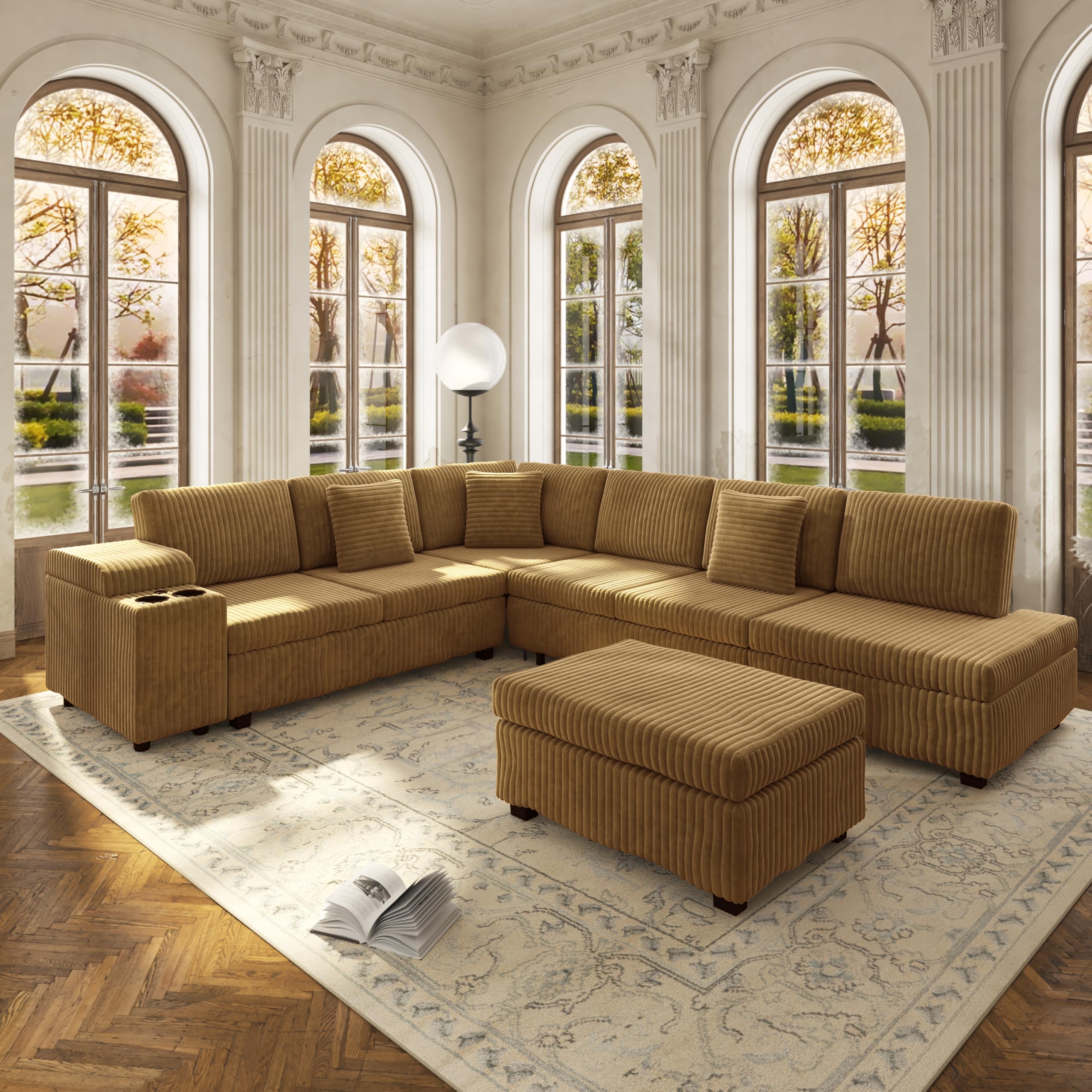 KEIKI 110" L-Shaped Oversized Plush Corduroy Modular Sectional Sofa with Pull-Out Bed, Convertible 6-Seater Sleeper Couch Bed with 1 Ottomans &amp; USB &amp; Cup Holders, Easy Assembly, for Living Room, Camel