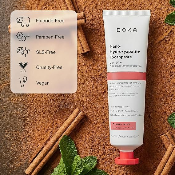 Boka Fluoride Free Toothpaste, Nano Hydroxyapatite Toothpaste, Appropriate for Sensitive Teeth - for Adult Oral Care - Cinnamon Mint Flavor, 4 Fl Oz 1Pk