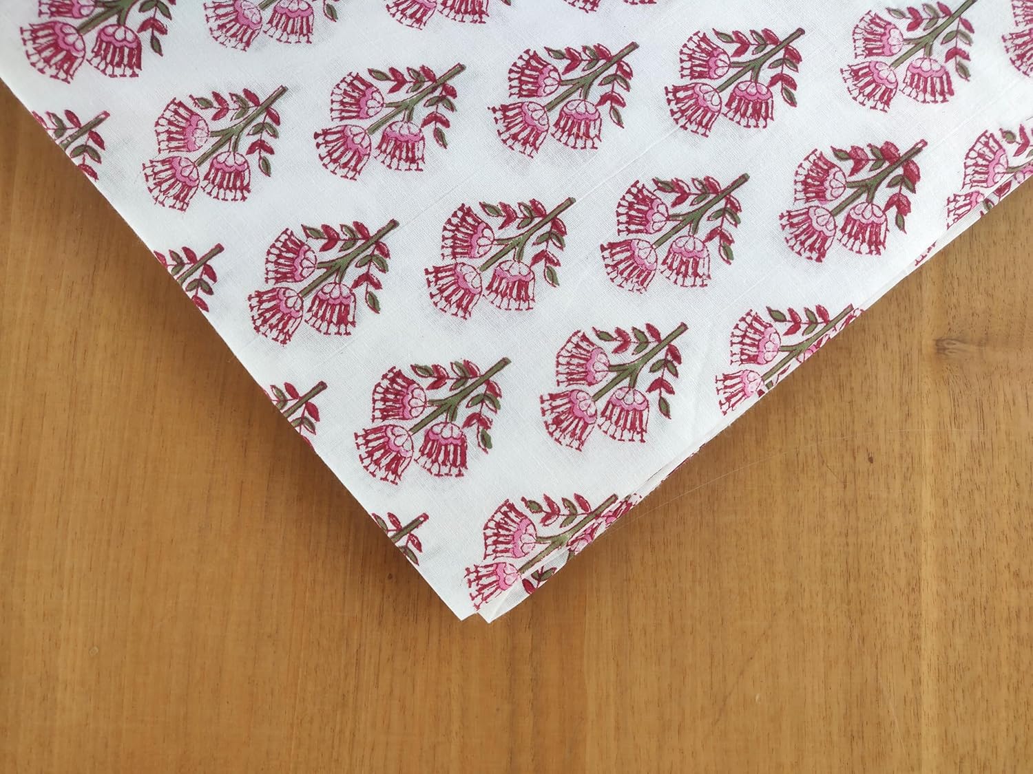 AVKA Studio Hand Block Print Fabric by the yard - PRECUT 3 yard 42 Inch Width - 100% Cotton Material - White Pink & Red Floral Pattern - Light Weight Indian Cloth for making Summer Dress tops projects