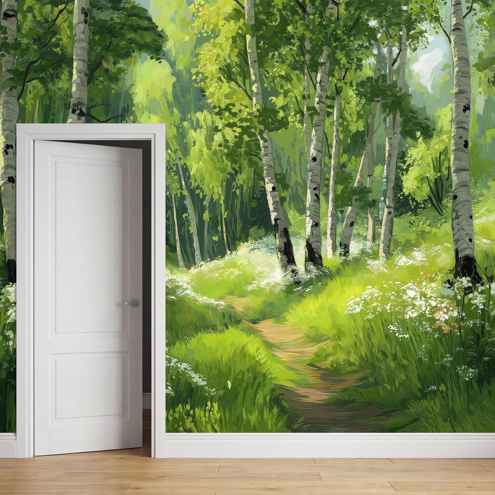 Tapeta mural do salonu 350 x 256 cm natura las rośliny brzozowe plakat fototapeta fototapeta flizelina, nowoczesna sypialnia pokój dziecięcy TV tło dekoracja ścienna, zielona
