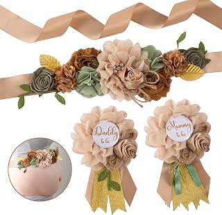 Maternity Sash & Pins Set Daddy to Be Corsage Mommy to Be Sash Pregnancy Sash Keepsake Baby Shower Flower Ribbon Belly Belt Pregnancy Photo Props (Khaki & Greenery)