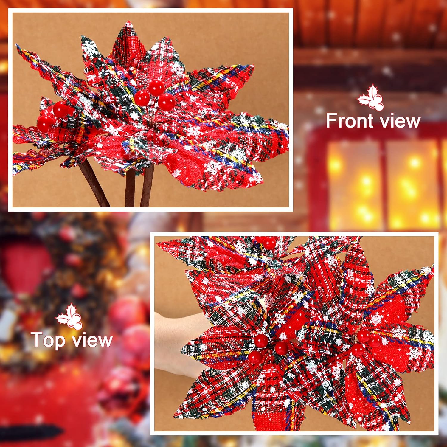 Waydress 12 Pieces Christmas Plaid Poinsettias Artificial Xmas Poinsettias Flowers Ornaments Faux Flowers Picks Decor Wreath for Christmas Tree Party Holiday Decor (Classic Style)