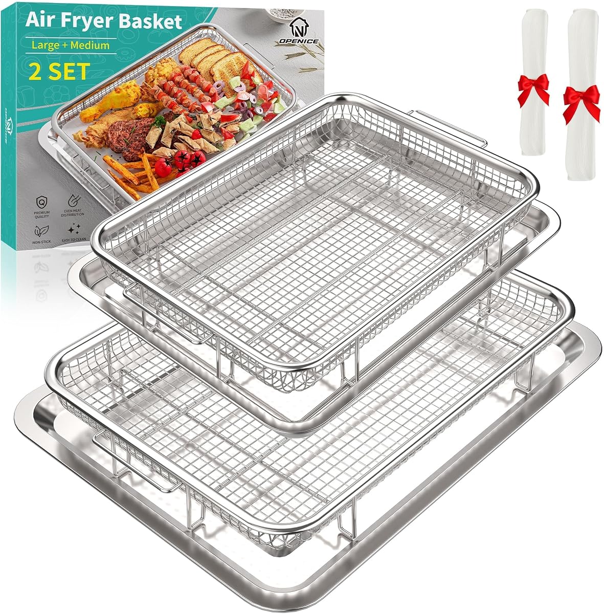 Cesta para freidora de aire, OPENICE 2 juegos de sartén y bandeja para verduras para horno | Cesta antiadherente para freidora de aire para horno para hornear y alimentos crujientes, grande y mediana