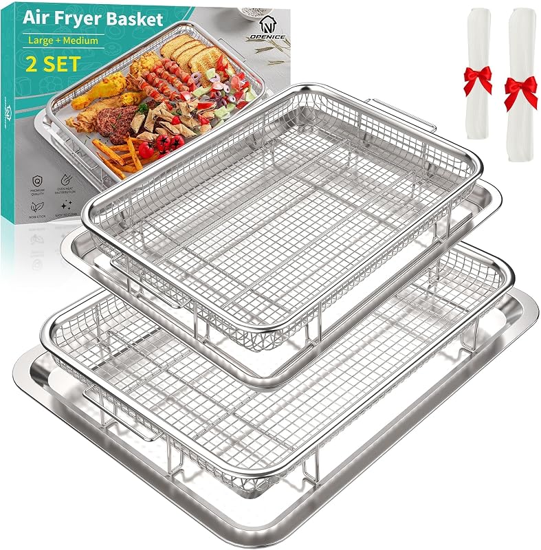 Cesta para freidora de aire, OPENICE 2 juegos de sartén y bandeja para verduras para horno | Cesta antiadherente para freidora de aire para horno para hornear y alimentos crujientes, grande y mediana