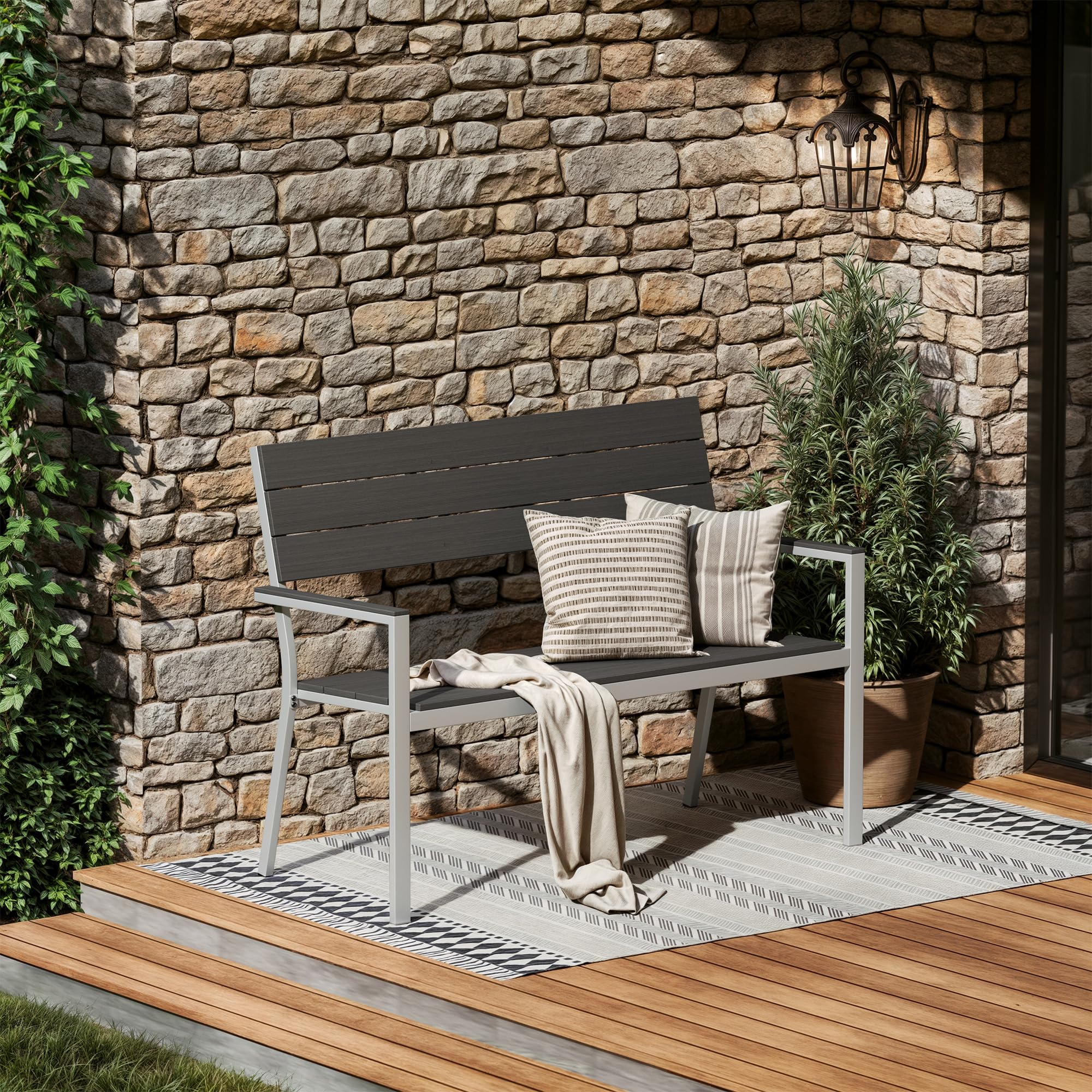 Amopatio Gartenbank Wetterfest, 2 Sitzer Sitzbank Outdoor, Balkonbank Metall aus WPC, UV-beständig Holzbank, Moderne Parkbank Gartenmöbel bis 320kg für Garten, Terrasse & Balkon, Schwarz-Anthrazit