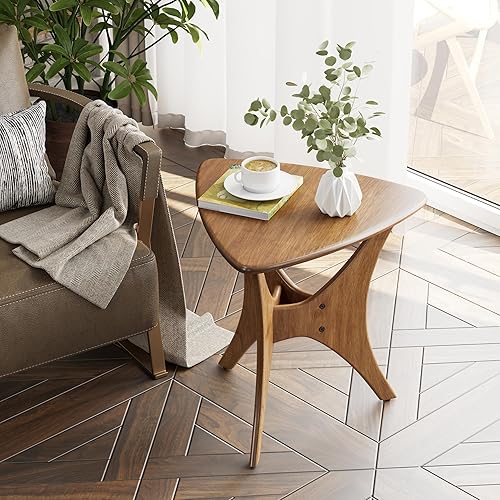 COZAYH Moderna mesa auxiliar de madera triangular con base de madera de caucho con patas cruzadas, mesa auxiliar pequeña de mediados de siglo para
