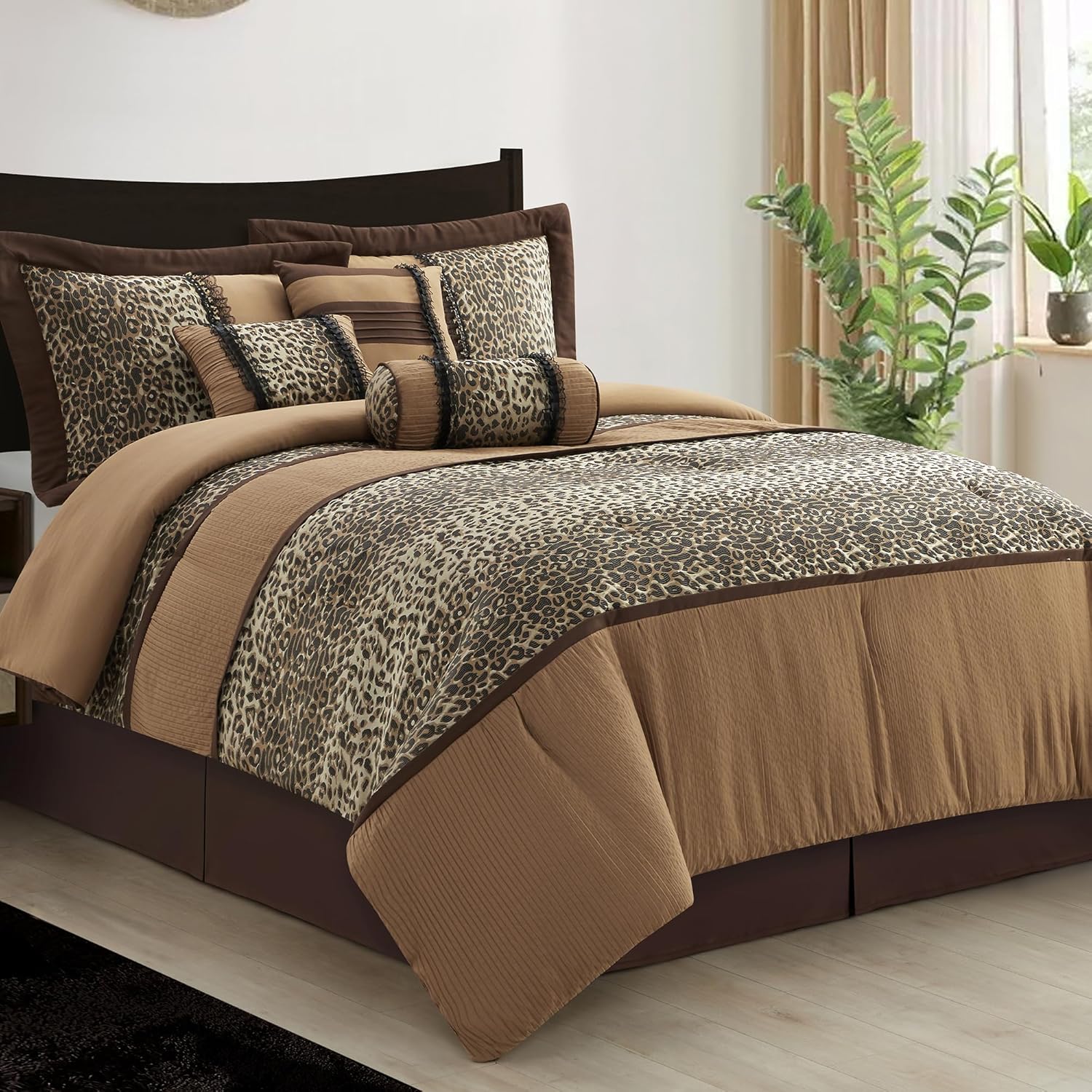 LANCO MODERN LIFESTYLE 7 Piece Queen Comforter Set, Brown Gold, Leopard Short Plush Print, African Safari Themed Bed Set for All Season, Include Comforter, Bedskirt, Pillow Shams and Decor Pillows