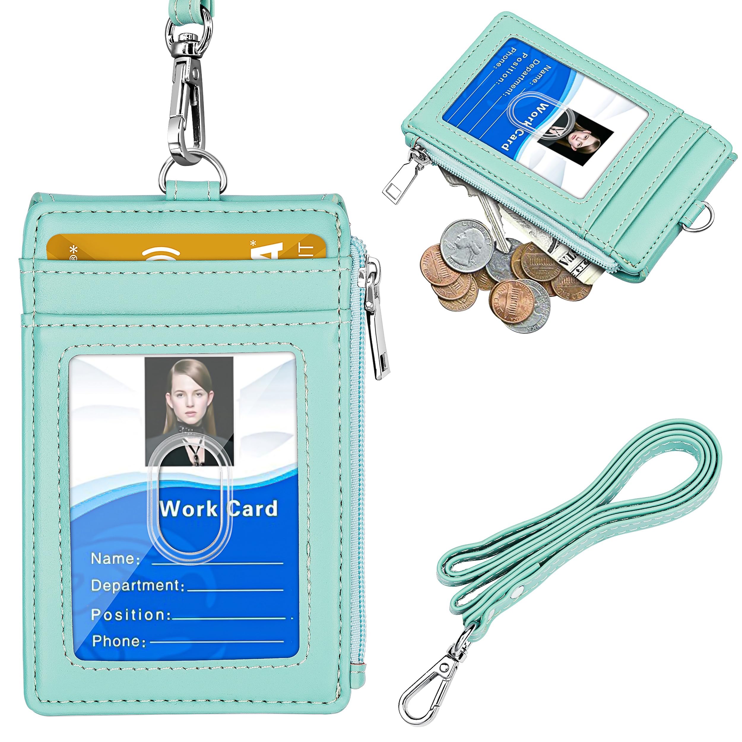 ELV Badge Holder with Zipper, PU Leather ID Badge Card Holder Wallet with 5 Card Slots, 1 Side RFID Blocking Pocket and 20 inch Neck Lanyard Strap for Offices ID, School ID, Driver Licence (Mint)