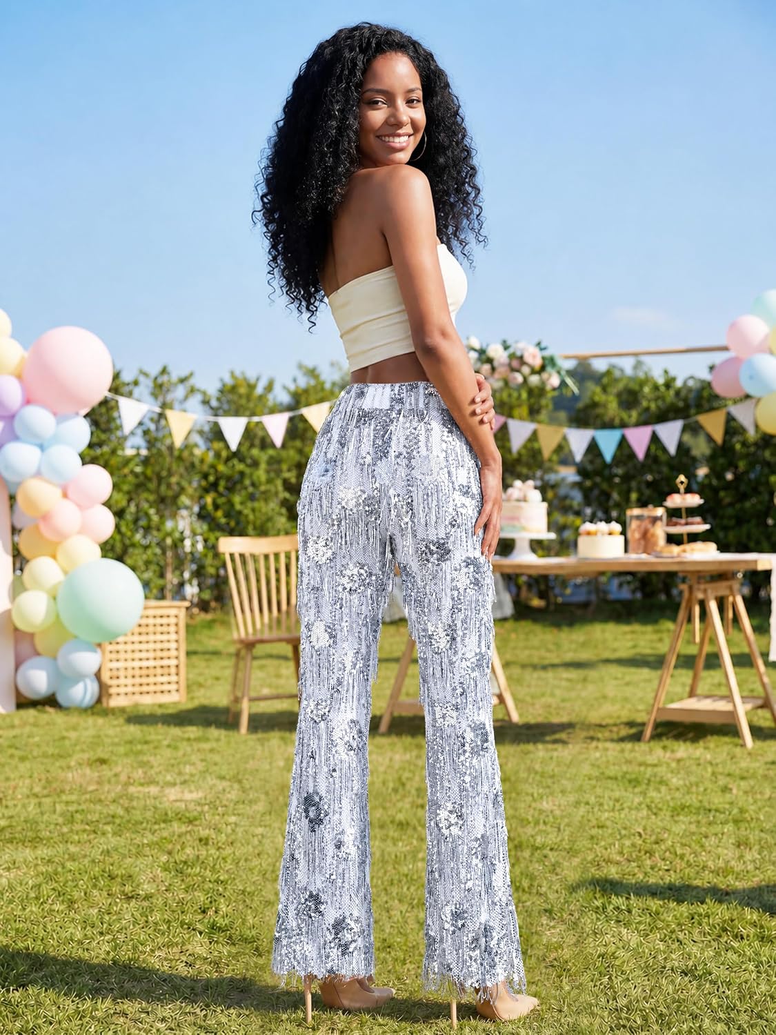 Women's Sequin Flare Pants Fringe Sparkly High Waisted Bell Bottom Disco Rave Party Clubwear Trousers