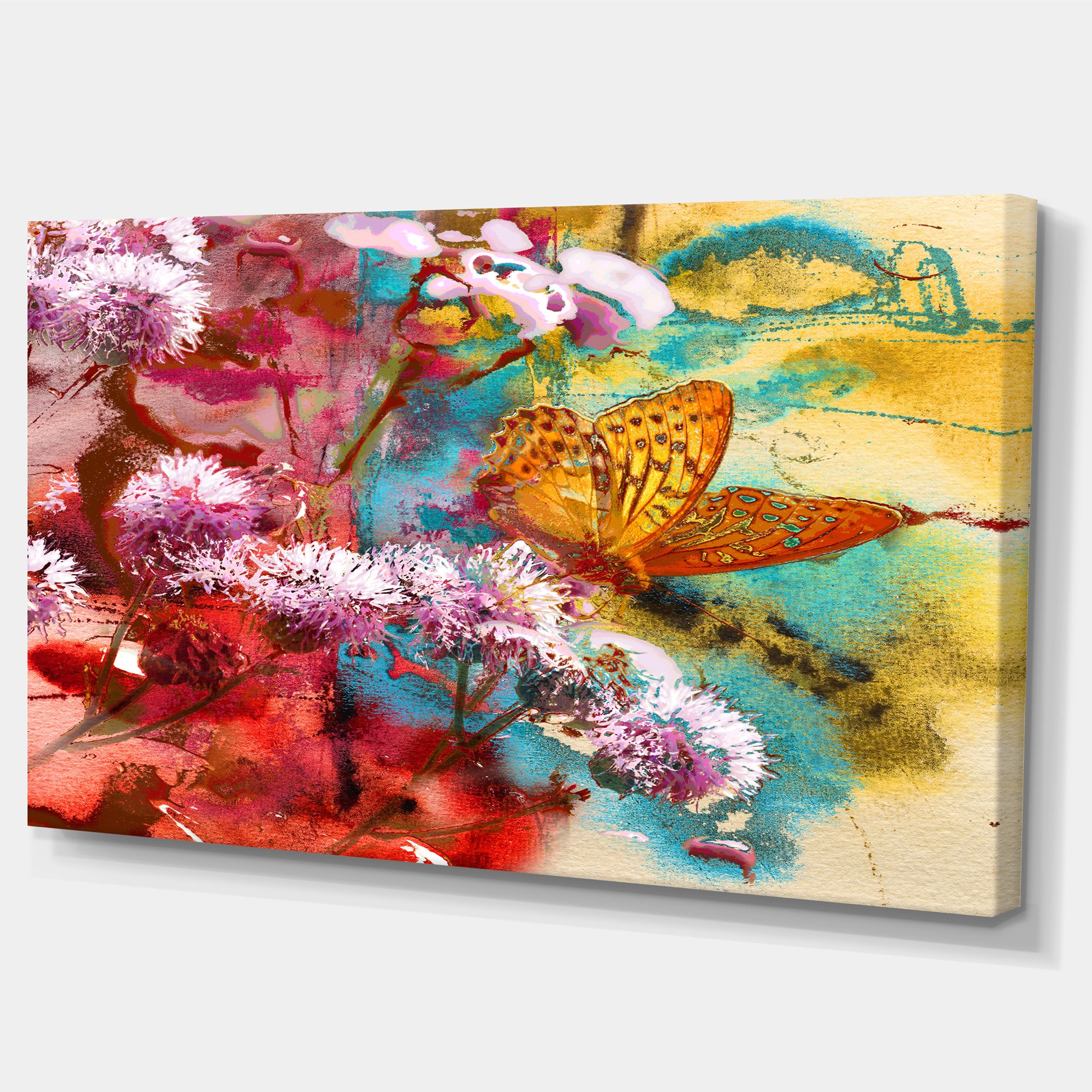Designart Butterfly and Abstract Design Watercolor Canvas Artwork, 32x16