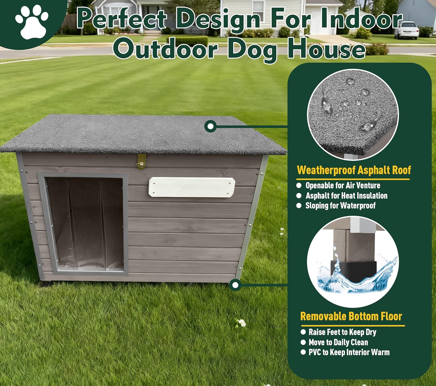PetsCosset 33.8" Dog House for Outdoor Indoor Weatherproof Wooden Dog Houses Small Dog Kennel Removable Floor, Fits Small to Medium Dogs Pets