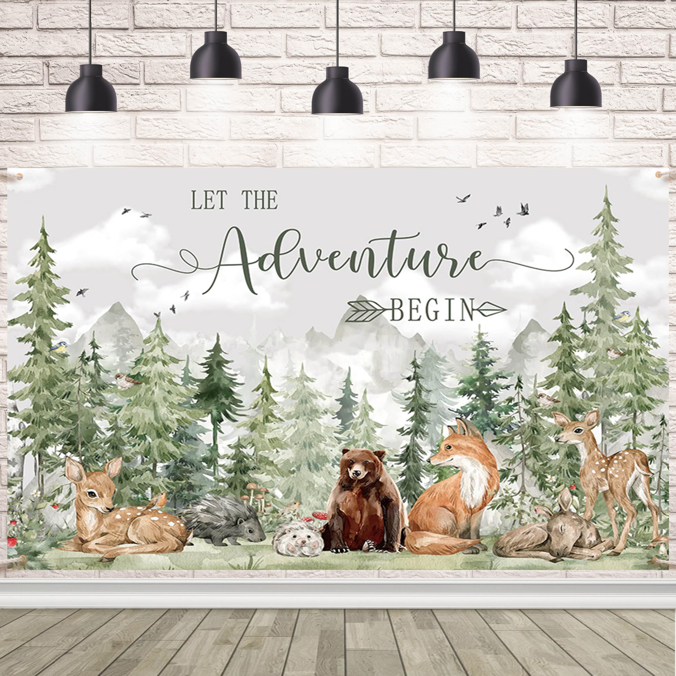 AIBIIN Let The Adventure Begin Backdrop Woodland Baby Shower Decorations Backdrop Adventure Forest Animals Neutral Baby Shower Party Supplies 70.8 x