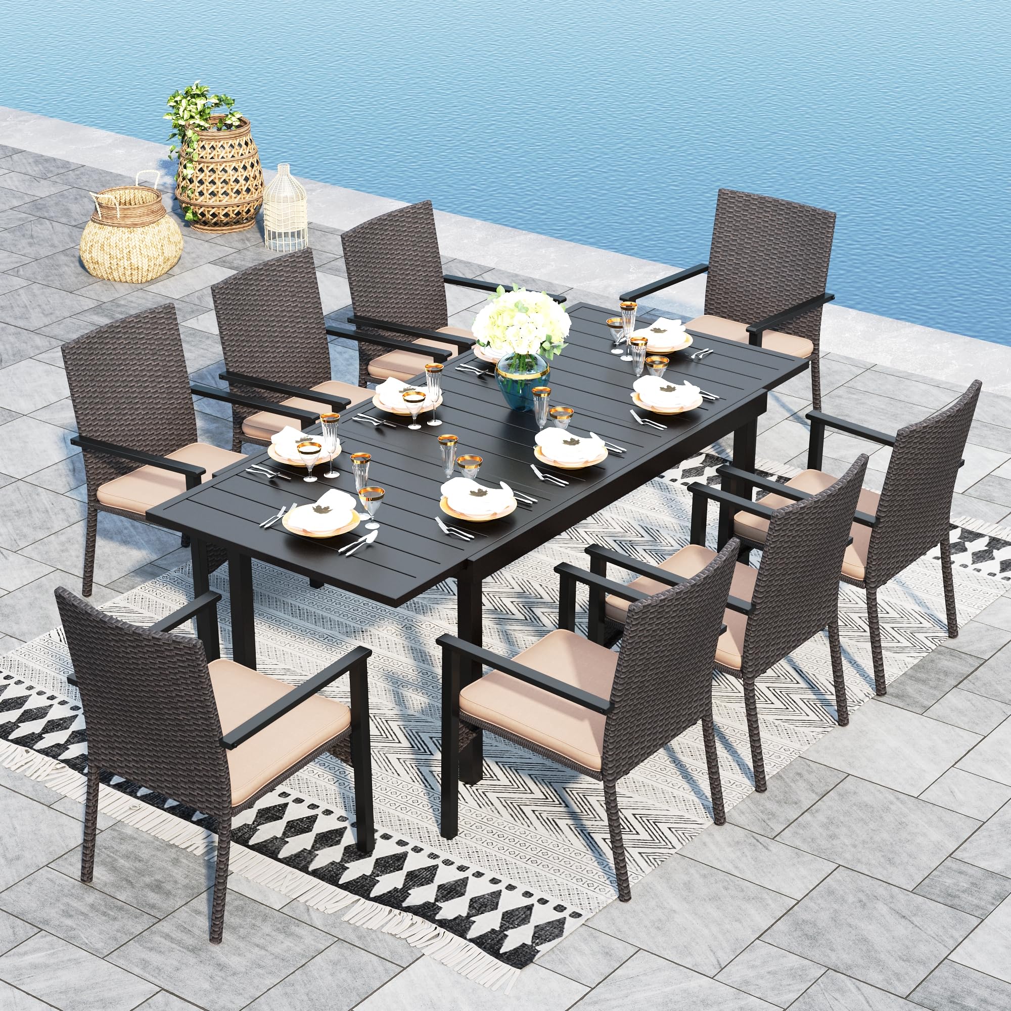 Sophia & William 9 Pieces Patio Dining Set for 6-8 People, Expandable Rectangular Metal Outdoor Table and Rattan Chairs with Cushions, All Weather