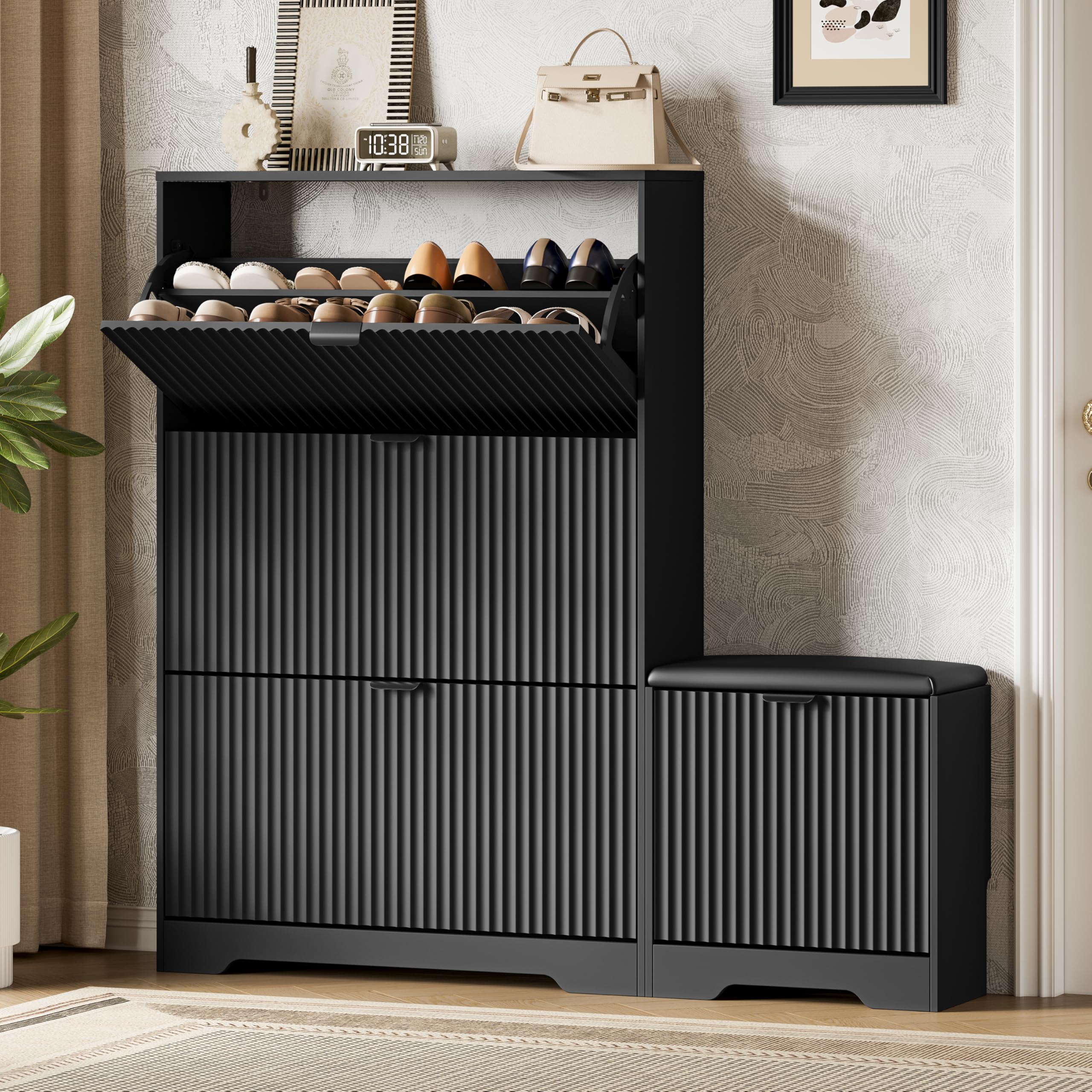 Xixini Shoe Storage Cabinet for Entryway with 3 Flip Drawers &amp; Bench, Slim Wood Shoe Organizer with Modern Fluted Panel, Freestanding Narrow Shoe Rack for Front Door Entrance, Hallway, Foyer, Black