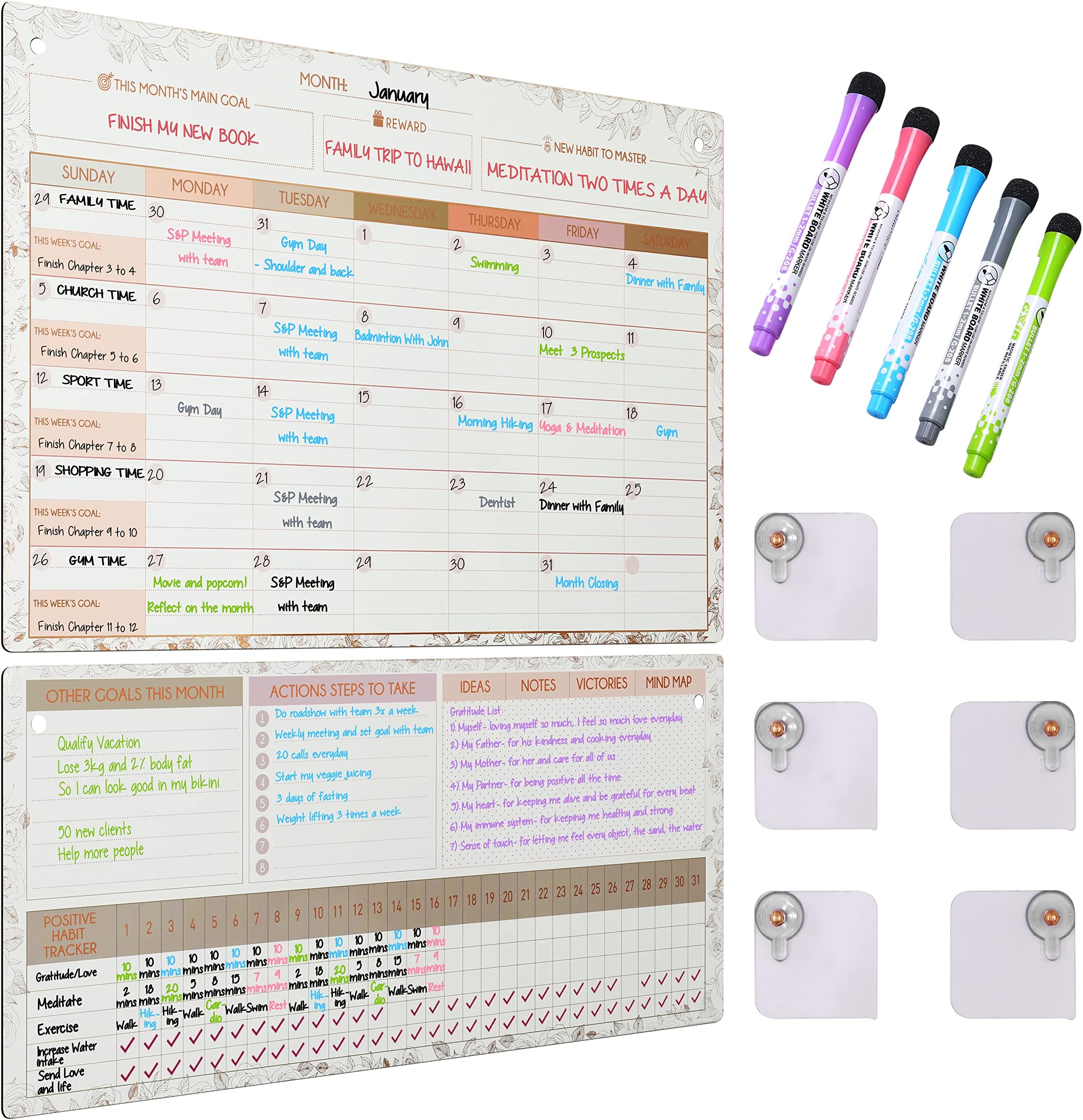 Freedom MasterySelf Care Magnetic Dry Erase Calendar Refrigerator or Wall for Mom Planner, Two Large Magnetic Dry Erase Boards 10.5" x 16.5" & 7" x 16.5", 5 Markers and 6 Adhesive Hooks