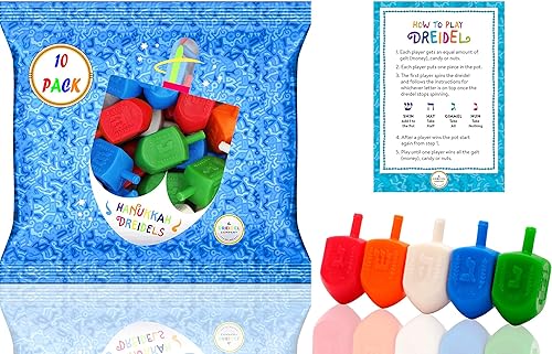 The Dreidel Company Paquete de 10 Dreidels de Hanukkah de plástico multicolor con transliteración en inglés, incluye tarjetas de instrucciones de