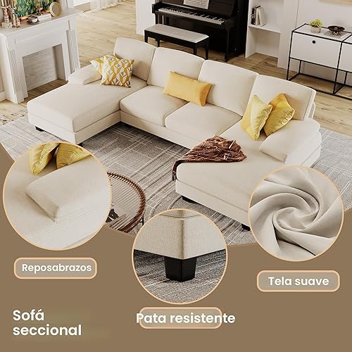 Vista 5 de Furmax Sofás Seccionales para Sala de Estar, Sofá en Forma de U con Tela de Lino, Juego de Sofá de 4 Asientos con Chaise Doble para Apartamento