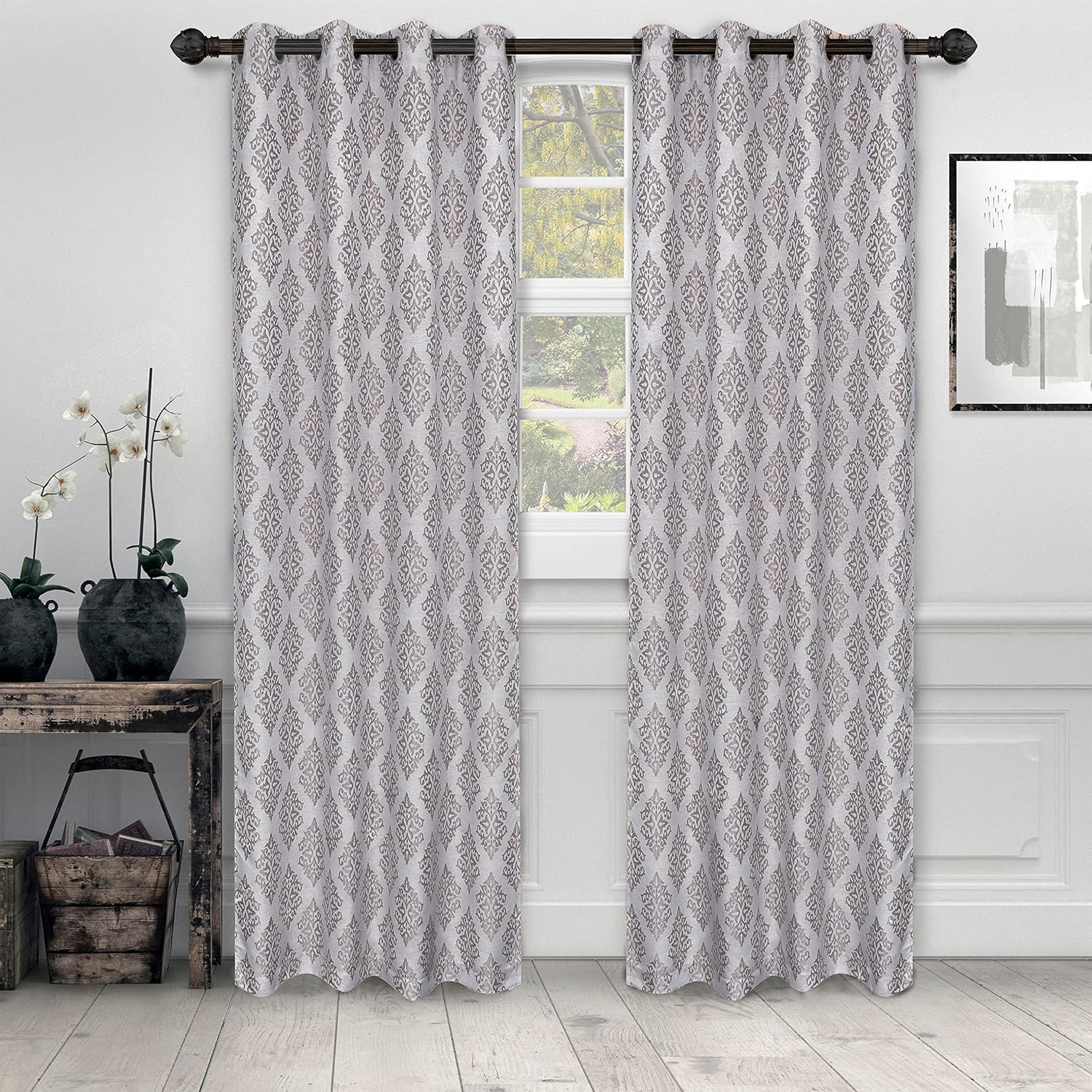 Superior Curtains, Window Treatments, Accents, Drapes Kitchen, Bedroom, Office, Living Room Windows, 8 Grommets, Chic Formal, Venetian Damask Jacquard Embroidered Curtains, Set of 2, 52" x 84", Brass image 5