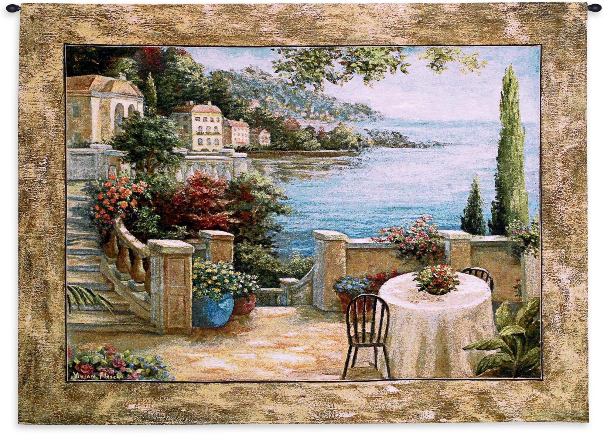 Mediterranean Terrace II by Vivian Flasch | Woven Tapestry Wall Art Hanging | Italian Villa Seaside Coastal Theme | 100% Cotton USA Size 54x41