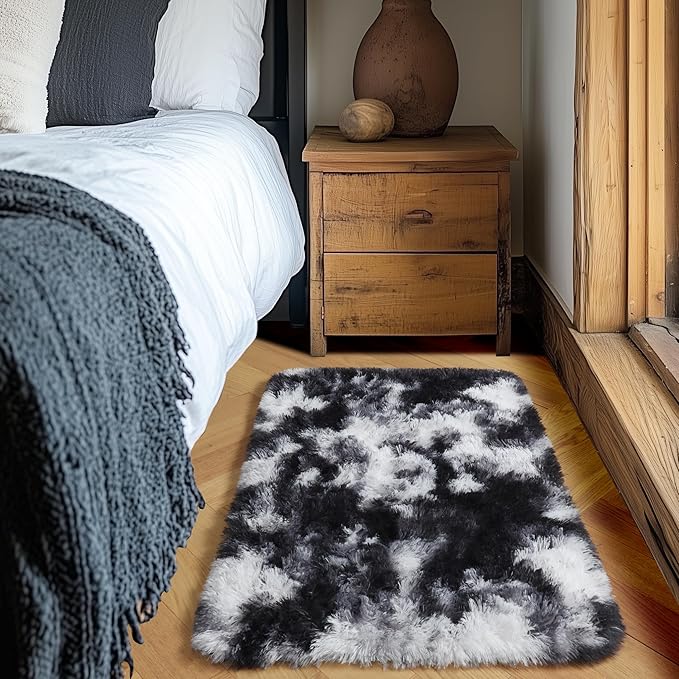 Amdrebio Black White Grey 2x3 Small Area Rugs for Bedroom Living Room Decor, Mini Fluffy Shag Modern Cool Rug for Kids Room Dorm Home Office, Shaggy Throw Furry Plush Floor Carpet for Teen Boys Men