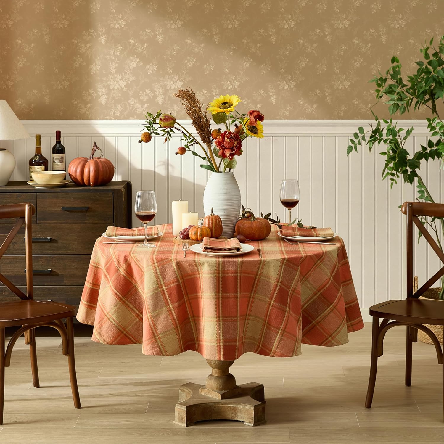 Newbridge Holiday Barnhouse Plaid Cotton Blend Fabric Tablecloth, Warm Rust Orange and Wheat Tan Check Woven Farmhouse Style, 70 Inch Round Fall Holiday Dining Table Cover