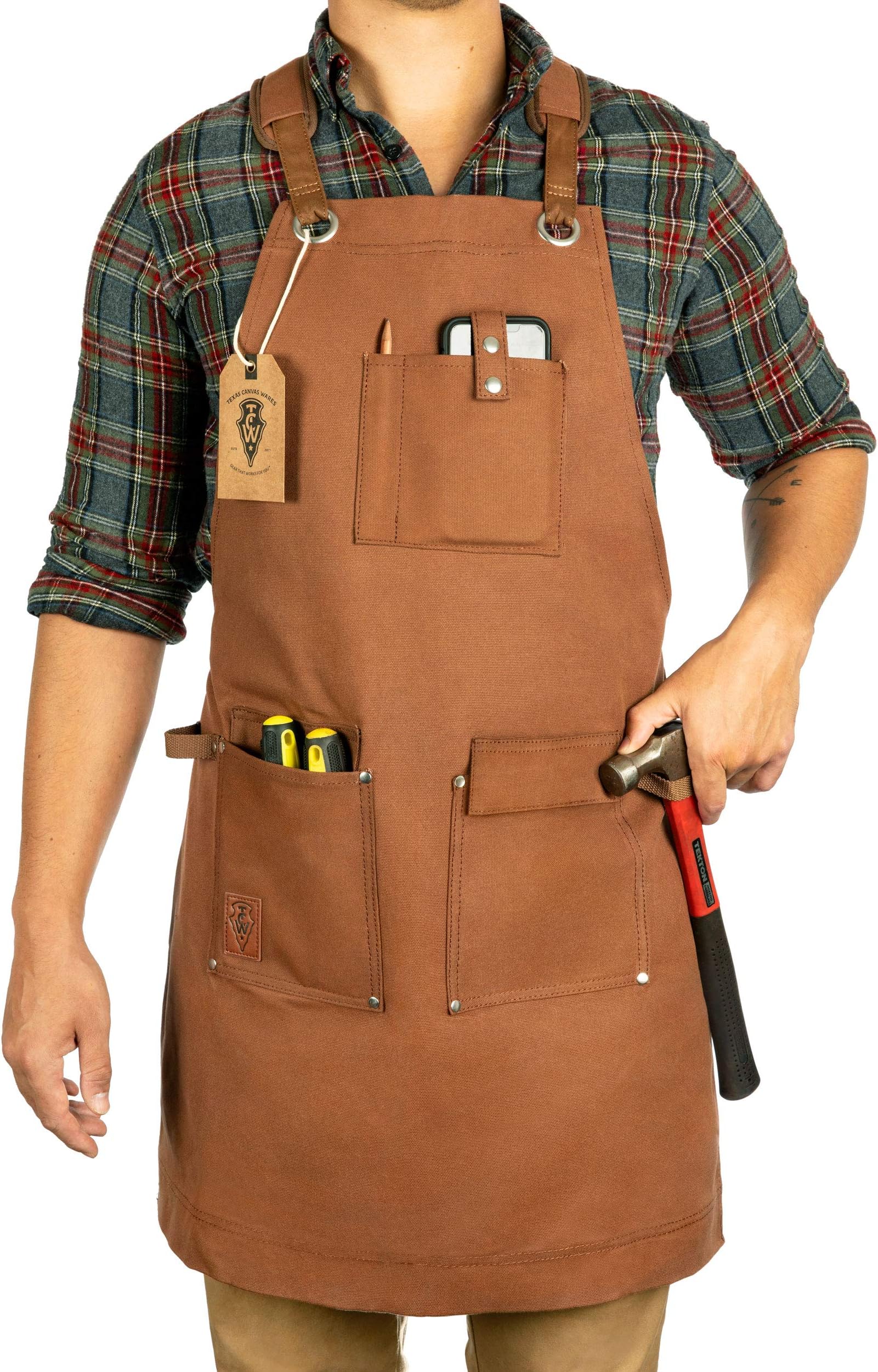 Texas Canvas Wares Waxed Canvas Heavy Duty Work Apron With Pockets - Deluxe Edition with Quick Release Buckle Adjustable up to XXL for Men and Women (Brown Deluxe Edition)