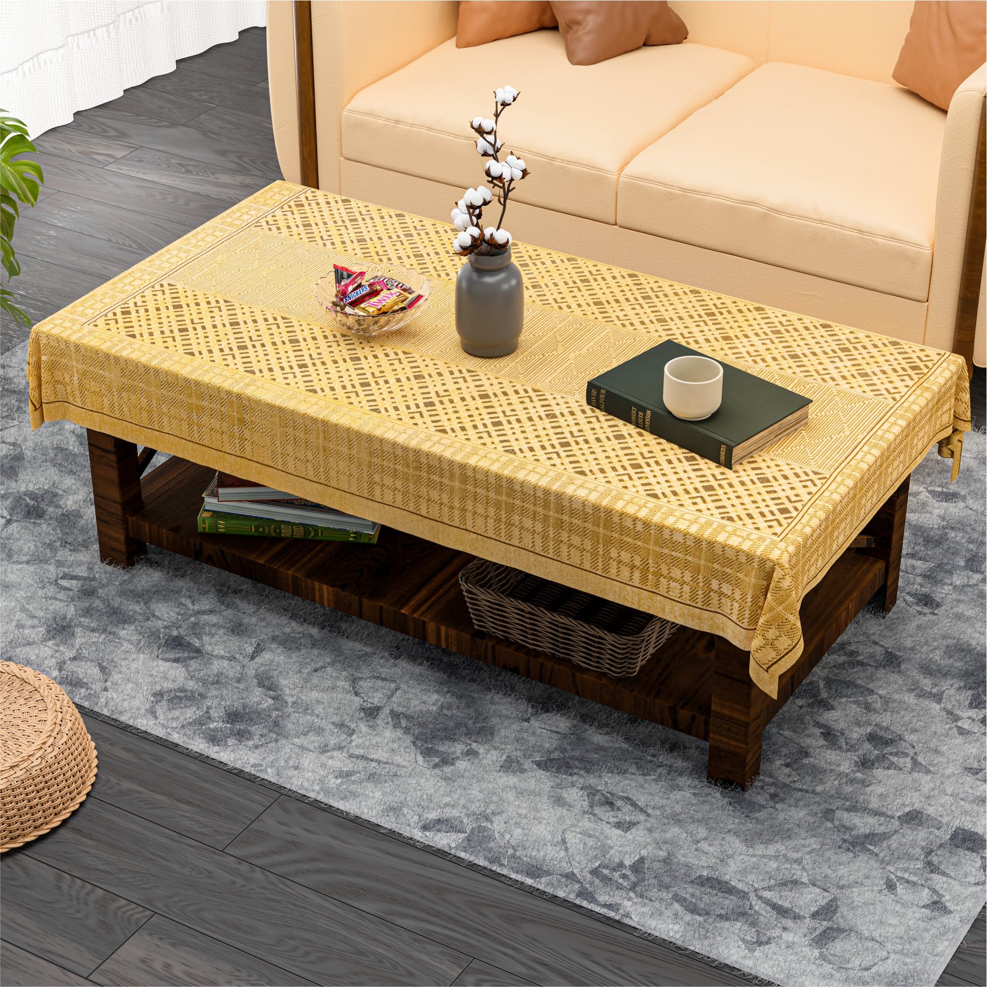 Kuber Industries 40x60 Inch Net Cotton Center Table Cover Cloth | 4 Seater Centre Coffee and Teapoy Cover for Living Room | Zig Zag Bright - Golden