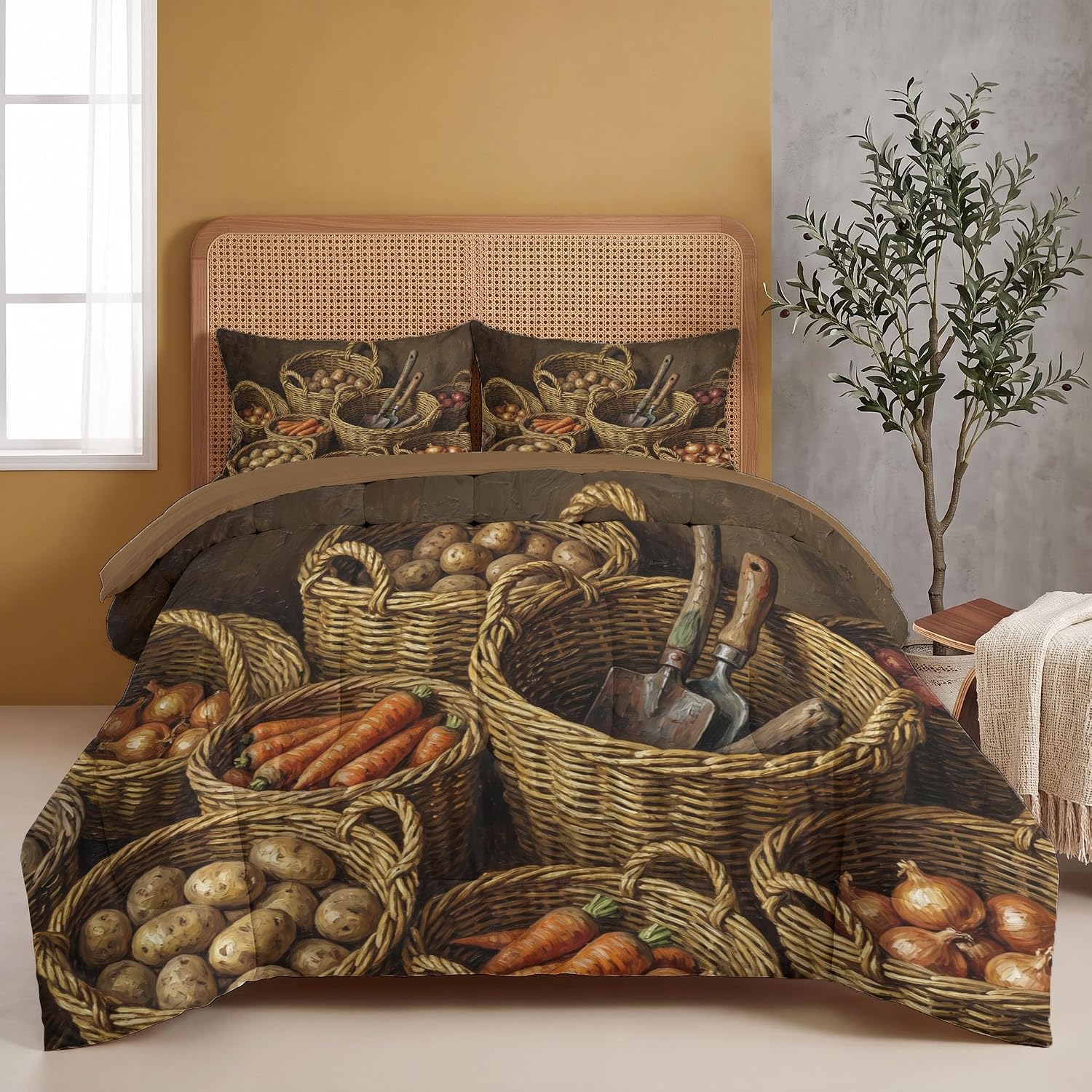 Rural Harvest Quilt Set Twin 3 Pieces, Earthy Yellow Quilts Bedding Set Carrot Farm Tools Bedspread Bed Cover Lightweight Spring Summer Beds Coverlet for All Season - 68"X90"