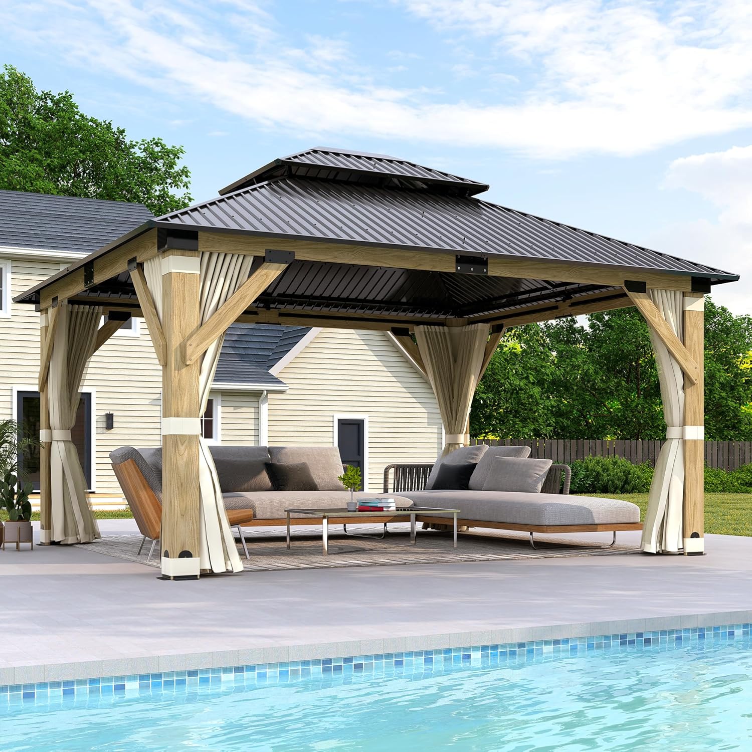 13'x15' Wood Gazebo,Cedar Wood Hardtop Gazebo with Netting and Curtains, Outdoor Wooden Frame Gazebos with Galvanized Steel Double Roof for Patio Garden Deck