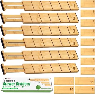 6 Pack Bamboo Drawer Dividers with 12 inserts – 16.3-22 Inches Expandable and Adjustable Drawer Dividers for Baby Clothes, Kitchen, Office, Organizer, with Non-Skid Grip