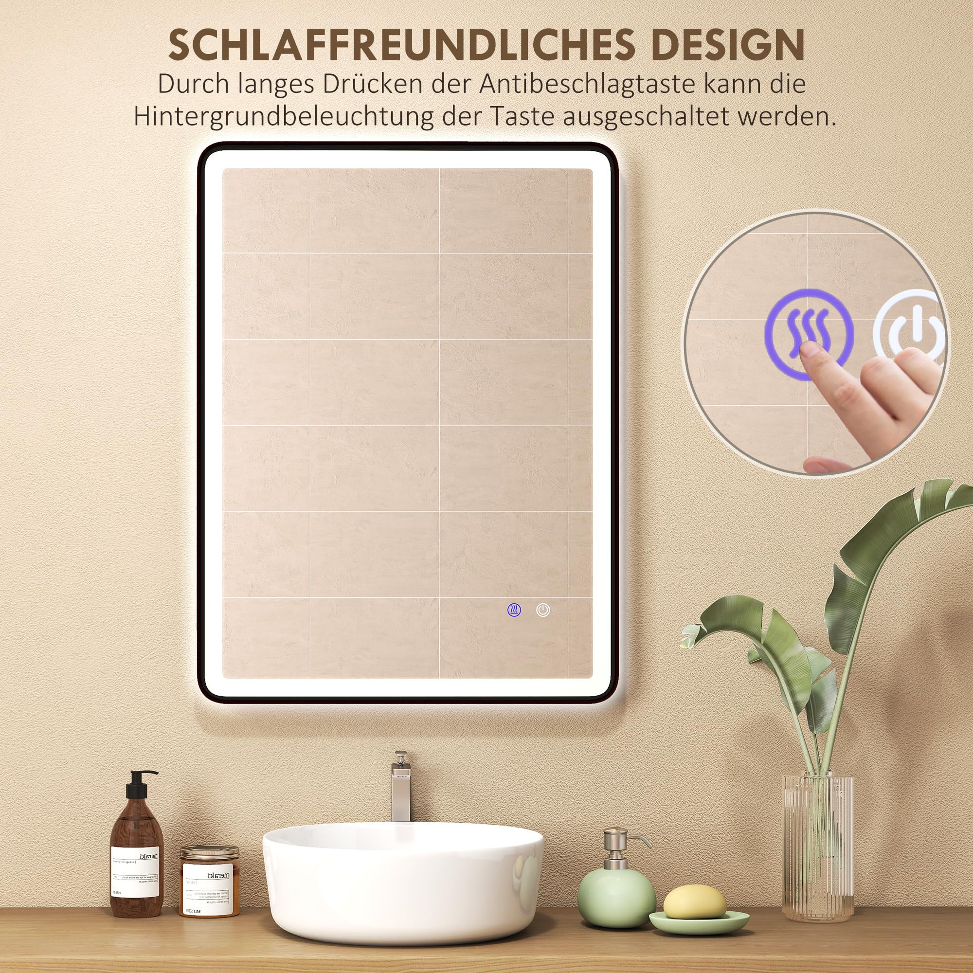 HOMCOM Espejo de baño LED con iluminación, 80 x 60 cm, 3 temperaturas de color, espejo LED antivaho, función de memoria, horizontal o vertical, espejo de maquillaje regulable con marco negro