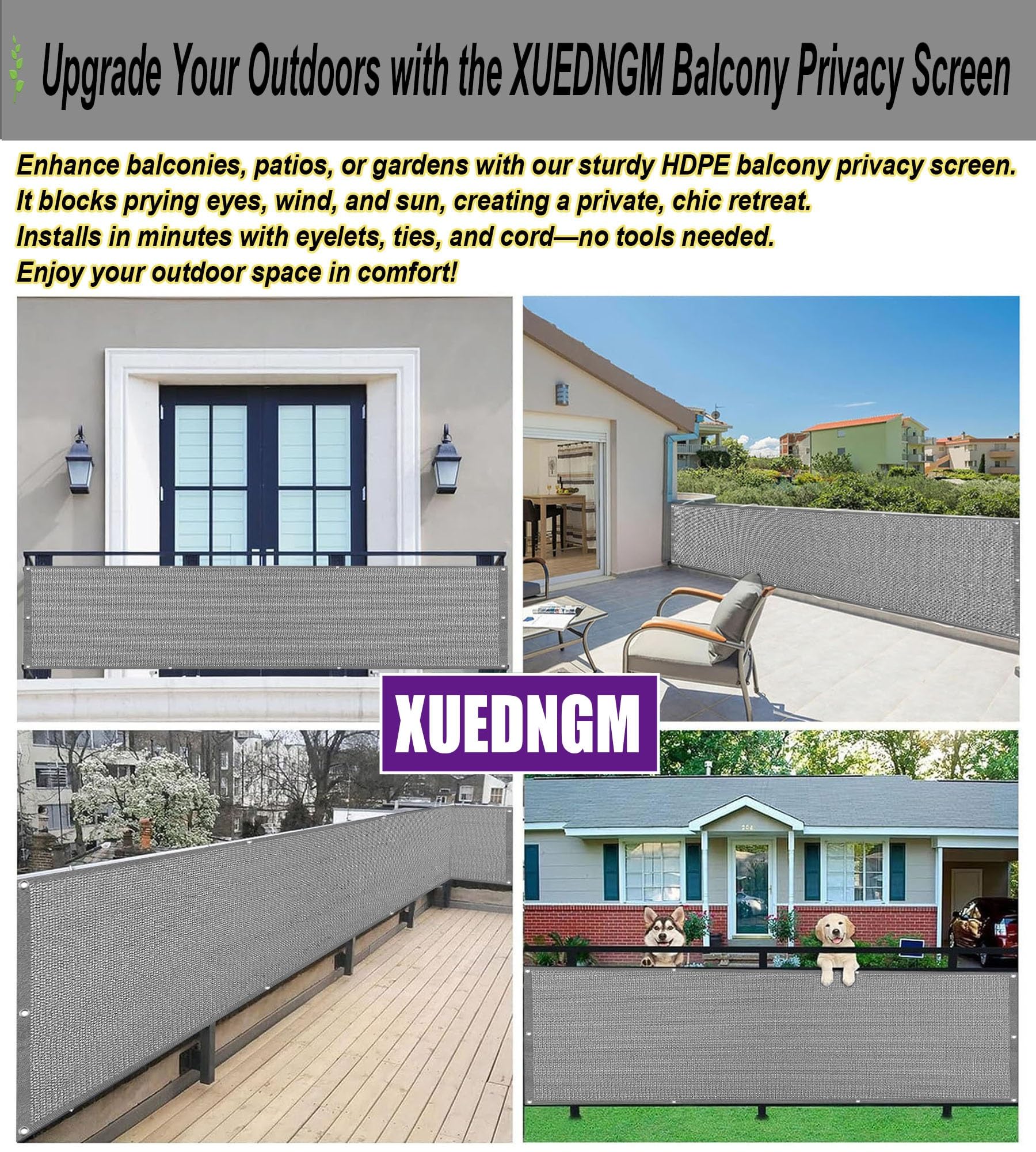 Balkon Sichtschutz 85 x 360 cm Atmungsaktiv Sonnenschutz blickdichte Balkonumspannung ohne Bohren, UV-Schutz Reißfest Mit Zubehör Balkon Abdeckung sichtschutz nach maß, für Terrasse, Hellgrau