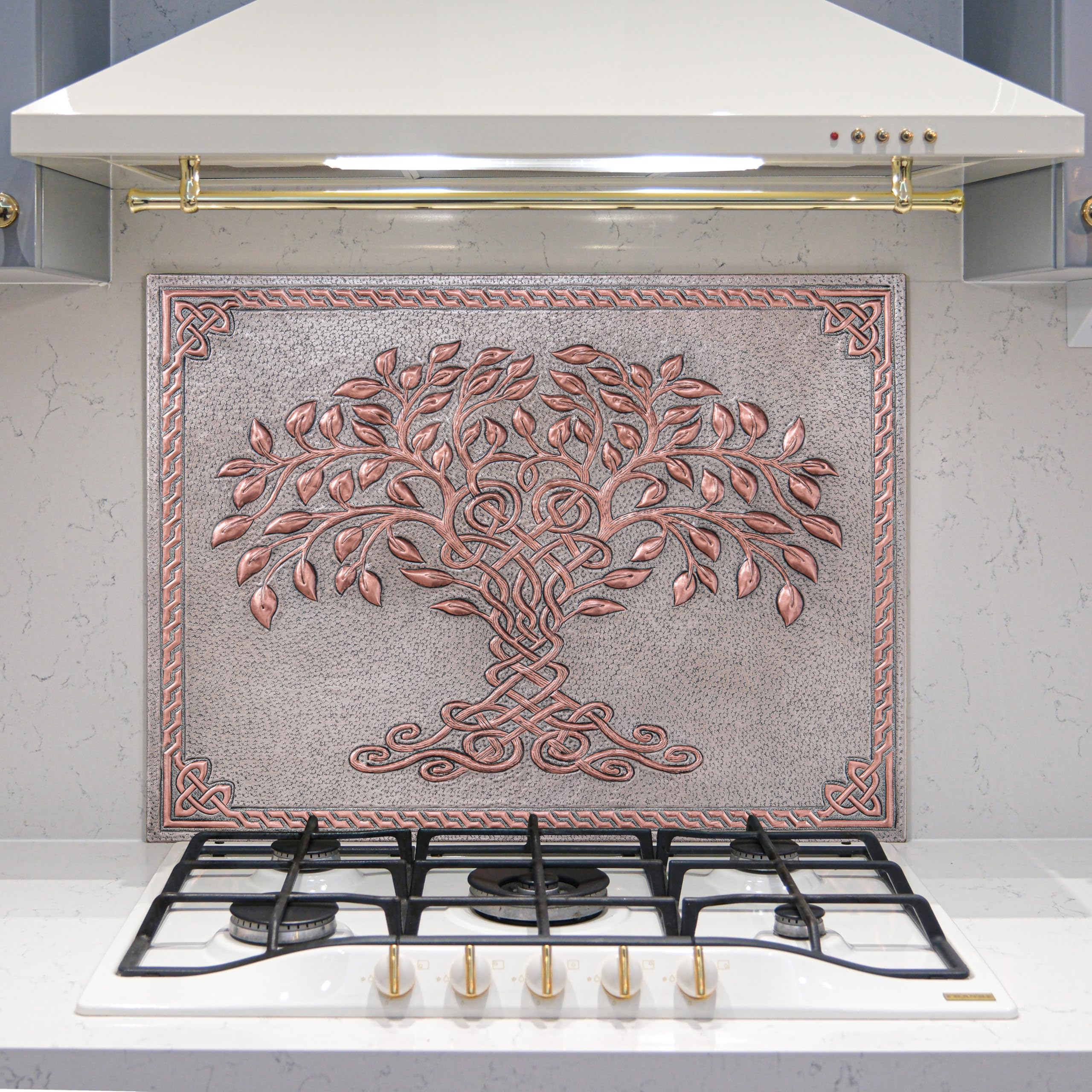 Handmade Copper Kitchen Backsplash Tiles, Celtic Tree of Life with Celtic Knot Border Kitchen Splashback, Custom Backsplash Panel, Copper Stove