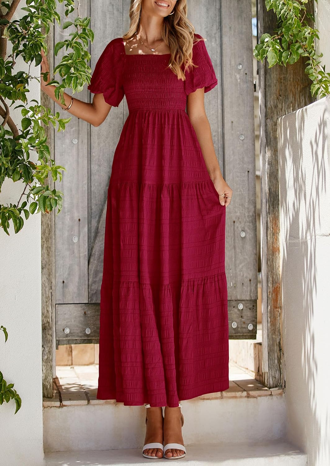 PRETTYGARDEN Womens Summer Puff Short Sleeve Maxi Dress Square Neck Smocked Tiered Ruffle A Line Long Flowy Beach Dresses - Image 8