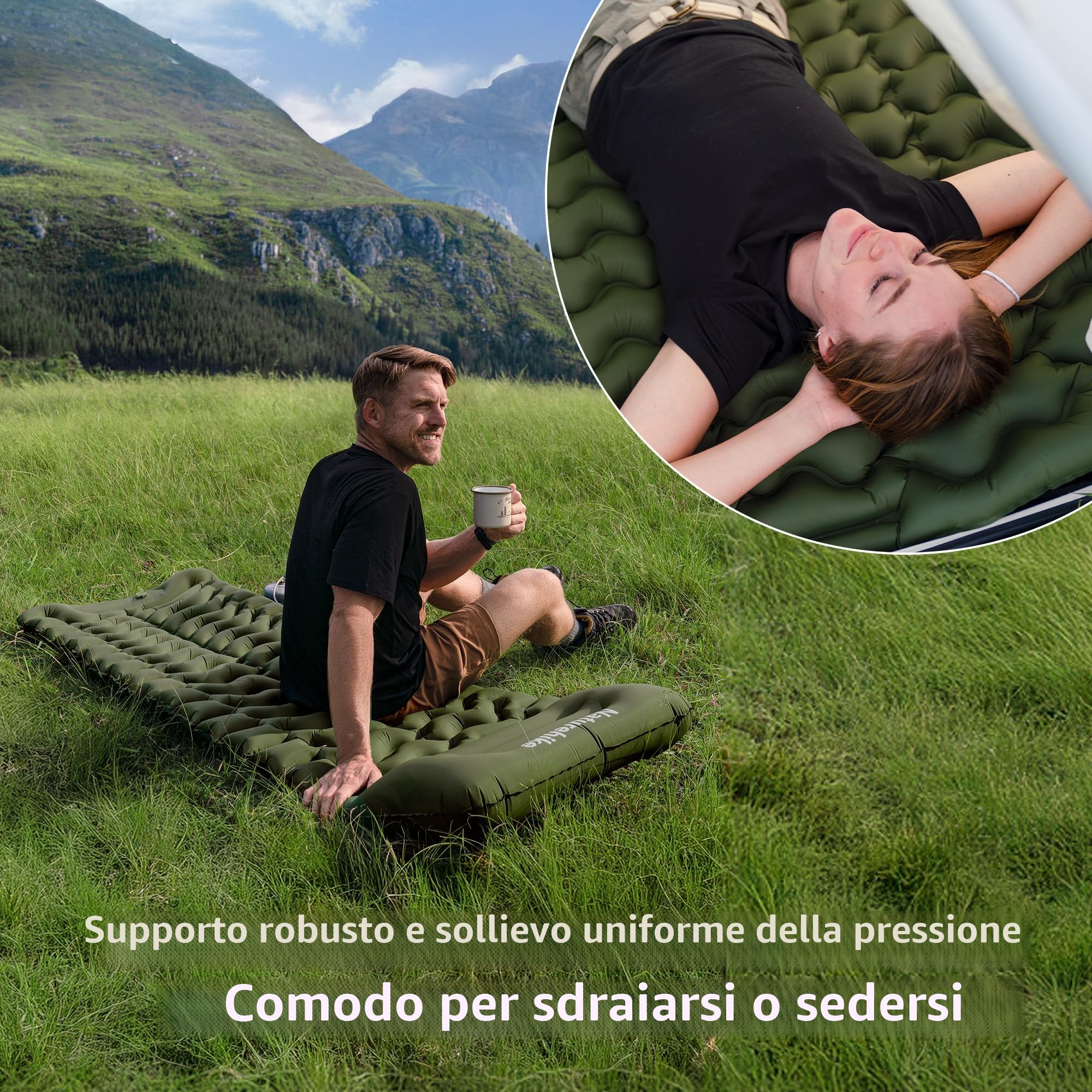Naturehike Materassino da Campeggio con Cuscino, Ultraleggero, Gonfiabile, Pompa ad Aria Integrata, Facile da Gonfiare, Adatto per Tende da Trekking, Livello di Ingresso (Verde militare - Doppio)