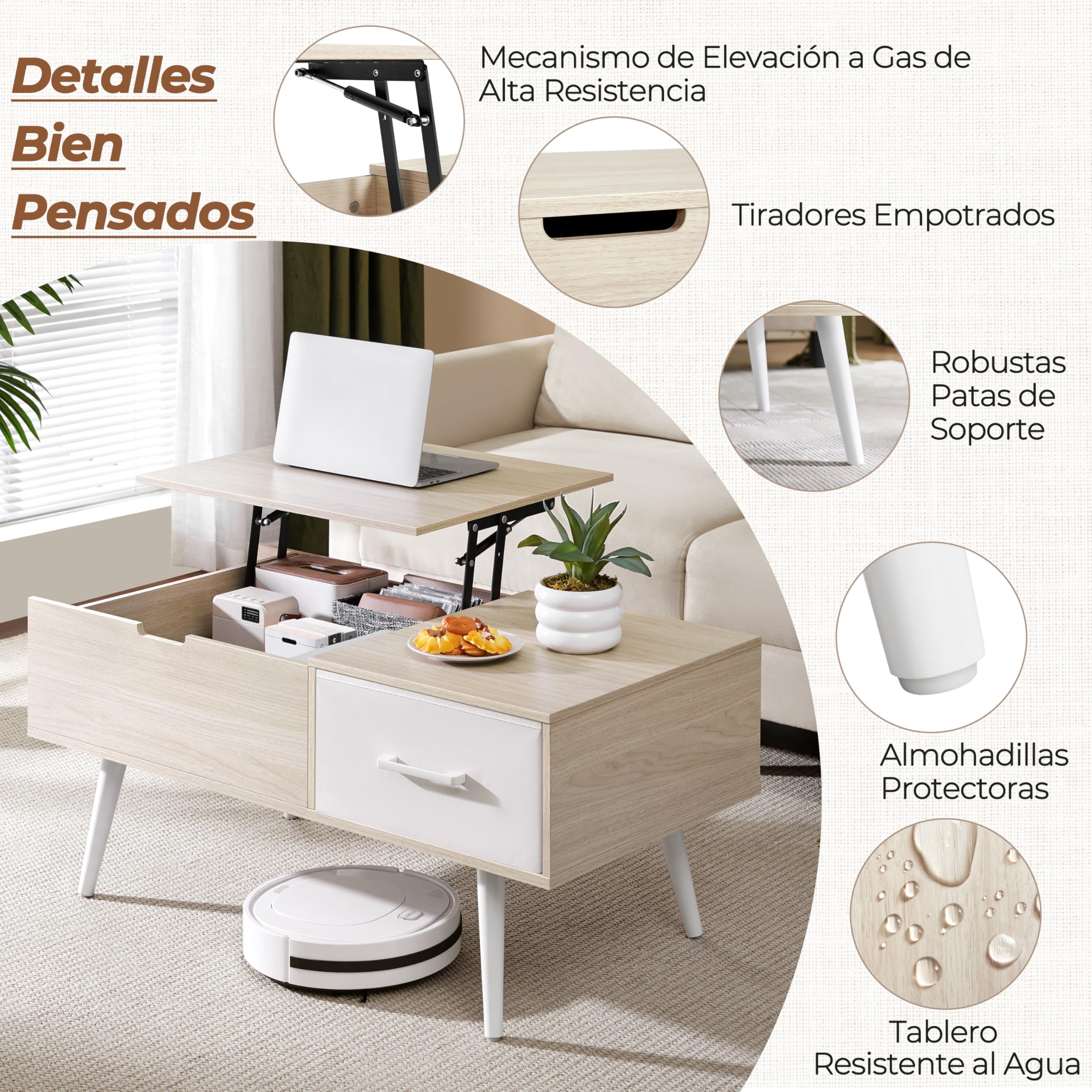 Yaheetech Mesa de Centro Elevable 100x50x45-59cm con Almacenamiento | Lateral y Oculto,Equipada de 1 Cajón y Patas de Madera para Salón y Cocina