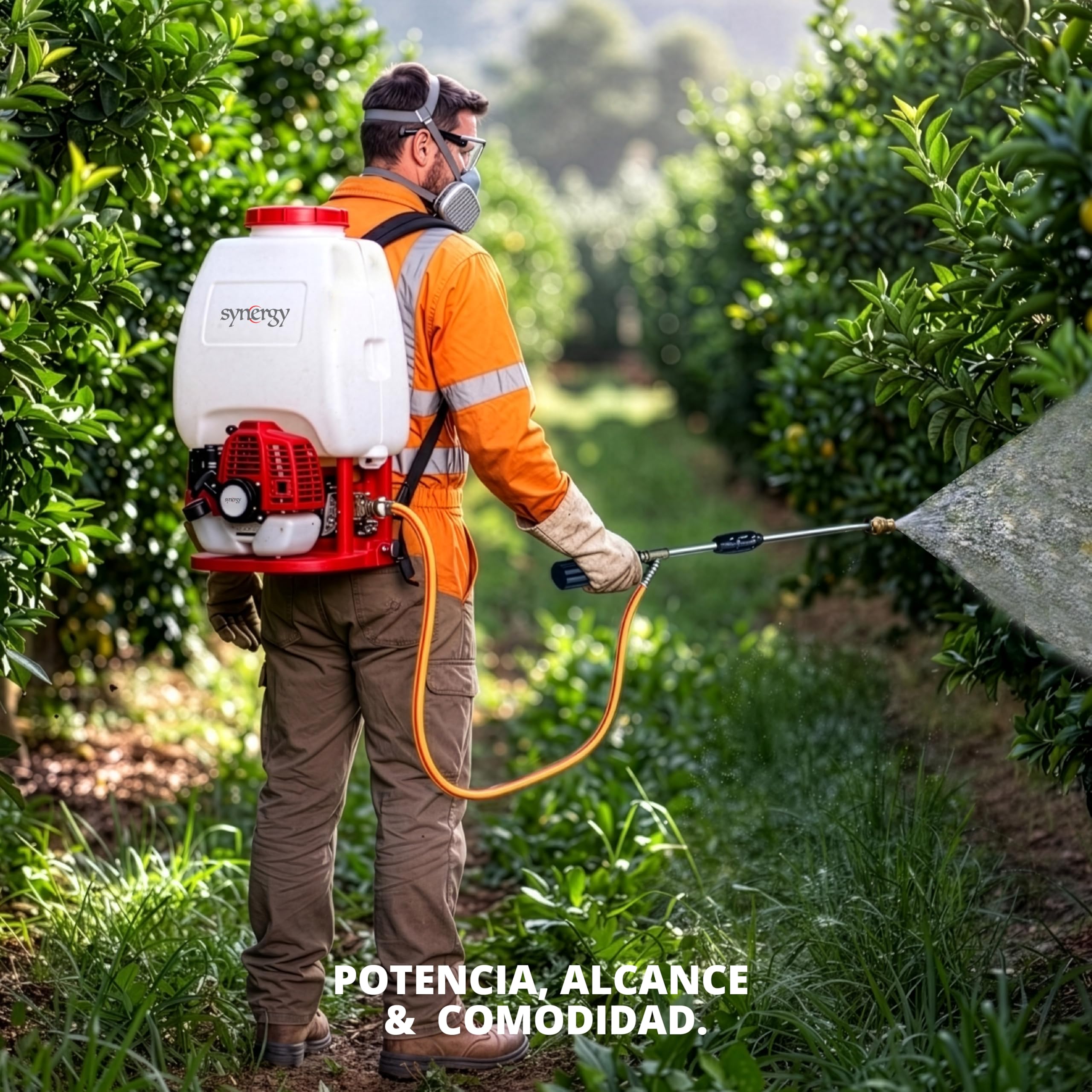 Synergy Sulfatadora de Mochila a Gasolina 25L – Motor 2 Tiempos 25cc - Modelo Sprayer Liquid – Caudal 7L/min – Alcance 9-15m – Lanza Multiboquilla y Pistola de 90cm