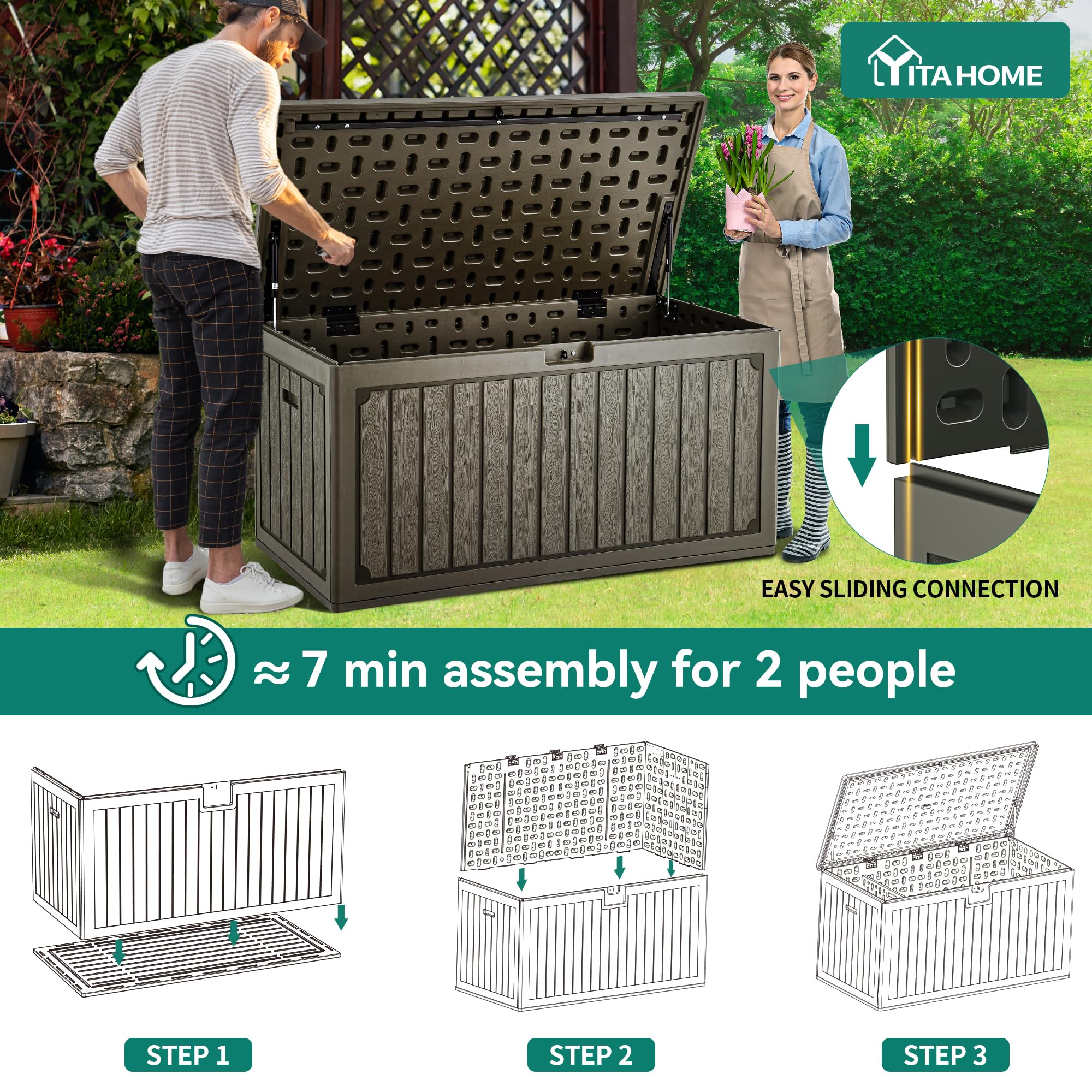 YITAHOME Scatola portaoggetti da giardino 303L, in resina HDPE, con coperchio bloccabile e maniglie laterali, panca portaoggetti impermeabile per mobili da patio, cuscini, attrezzi da piscina e