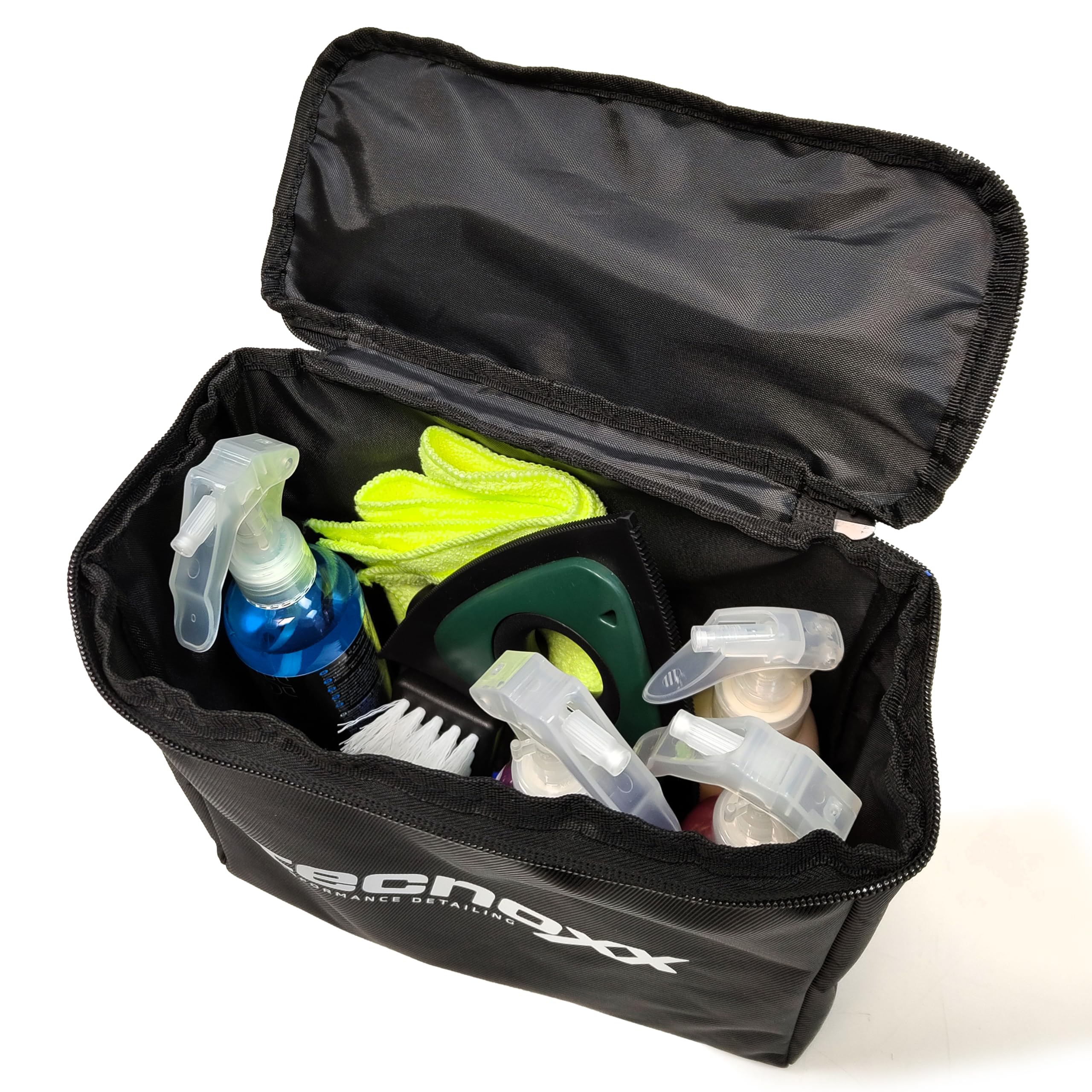 Tecnoxx Pet Car Detailing Kit Limpieza de Coche para Mascotas - Bolsa con Productos para Tapicería, Plásticos, Cristales y Elimina Olores + Quitapelos, Cepillo y Bayeta - Ideal Dueños de Perros