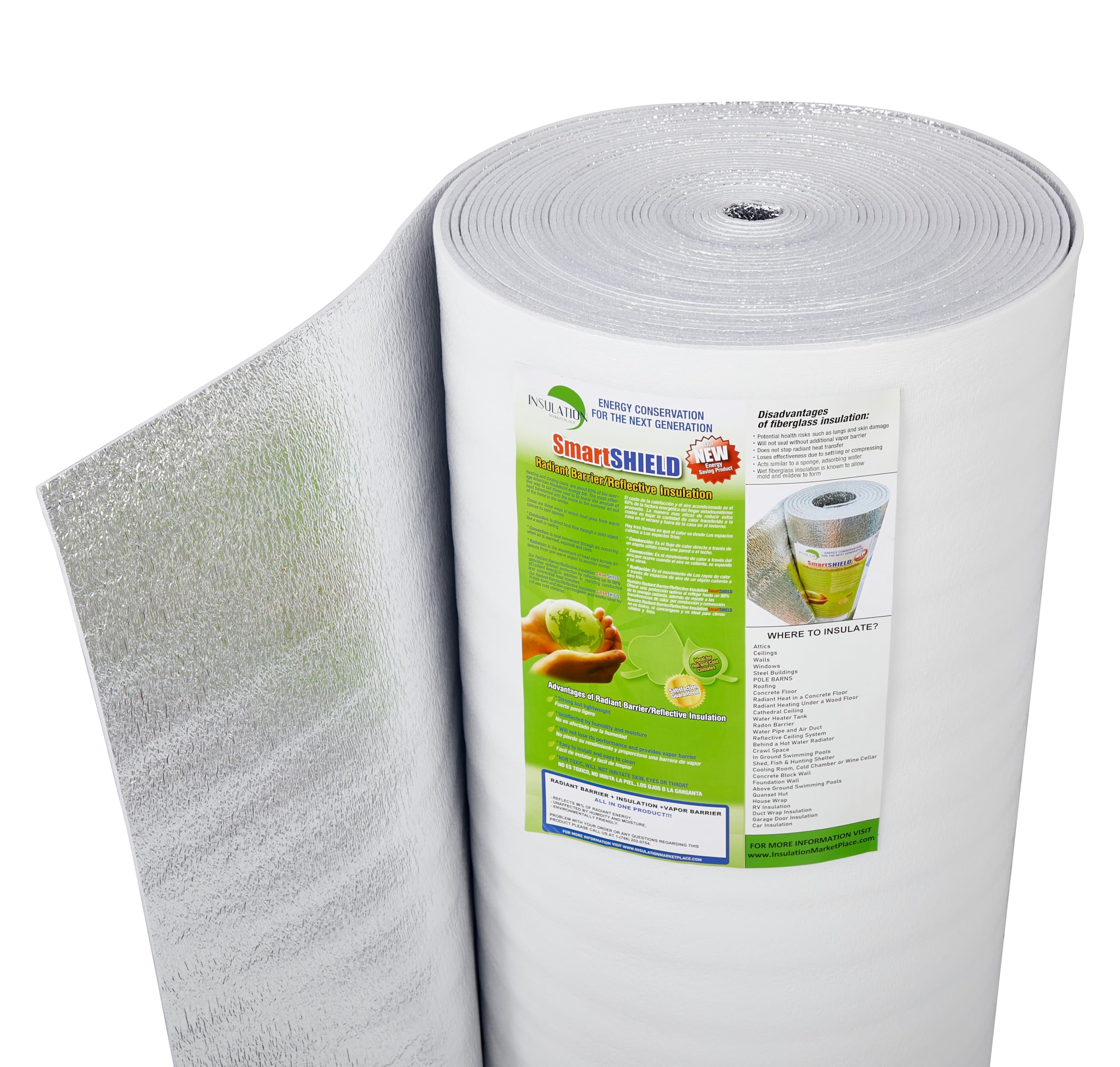 SmartSHIELD -5mm 48" x50ft Reflective Foam Core Insulation roll, Cold and Heat Shield, Radiant Barrier, Thermal Insulation - Engineered FOIL / White Film