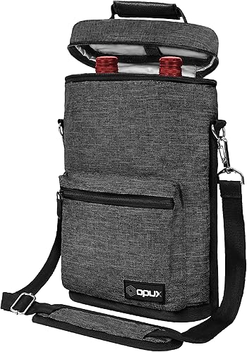 Miniatura 8 de opux Bolsa de vino para 2 botellas, bolsa térmica de vino aislada para viajes, picnic, funda acolchada portátil a prueba de fugas, regalos de vino