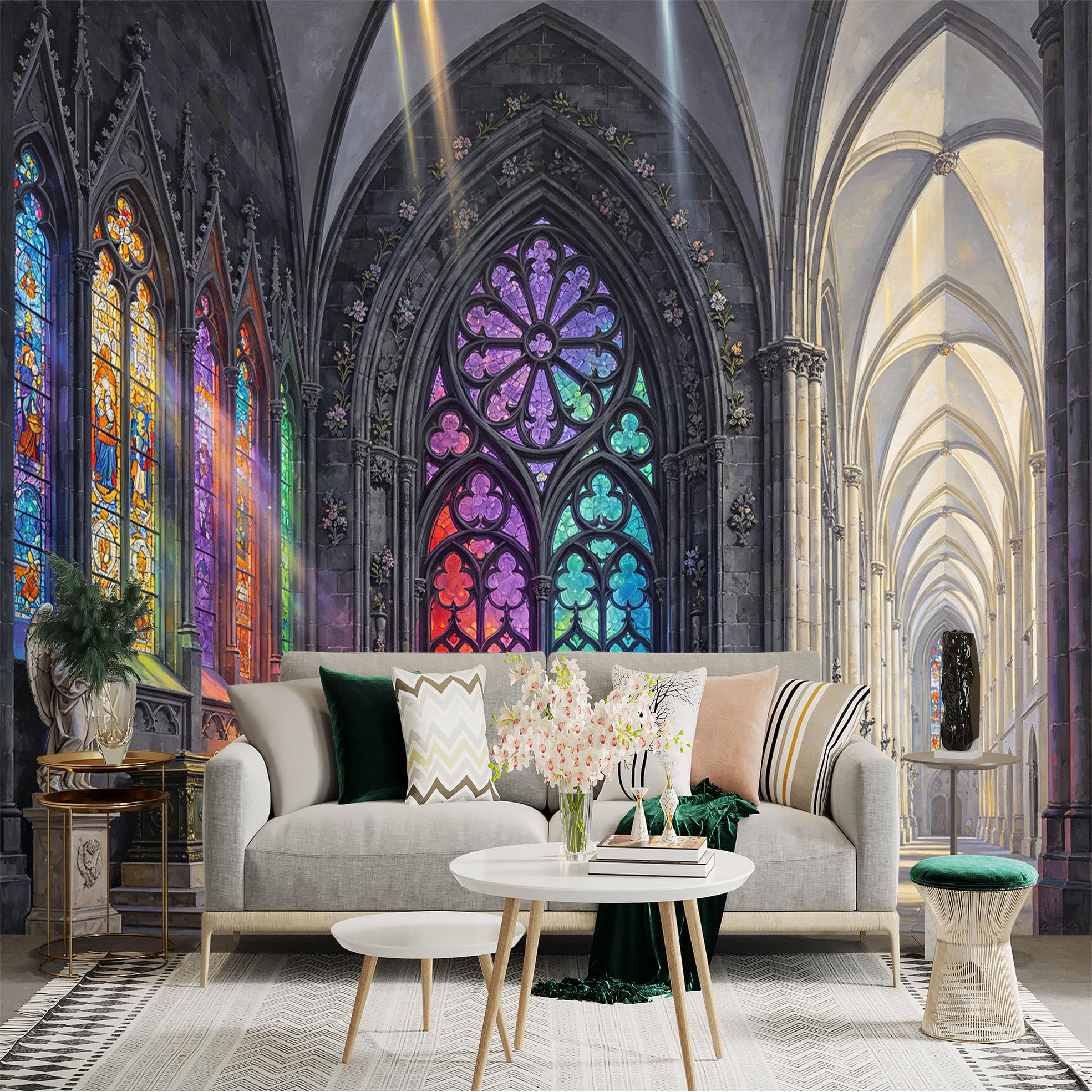 Custom Size Wall Sticker Mural， Gothic Cathedral Interior with Colorful Stained Glass Arches， for wall Decoration， peelandstick wall Decals.