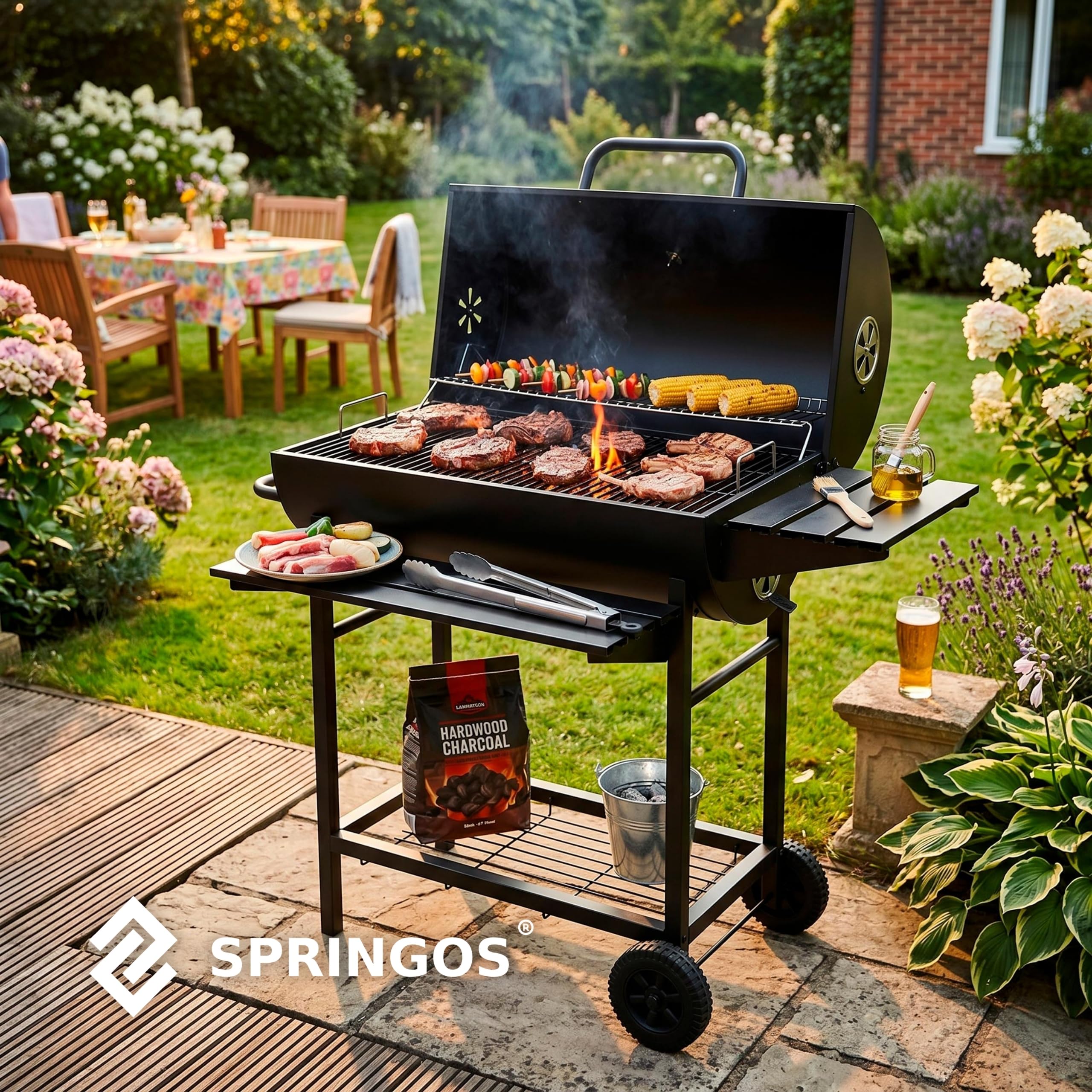 Springos Barbacoa de carbón vegetal con ruedas, bandeja de carbón ajustable en altura, termómetro, rejilla para calentar el calor, estantes laterales, barbacoa, ahumador, barbacoa de jardín para