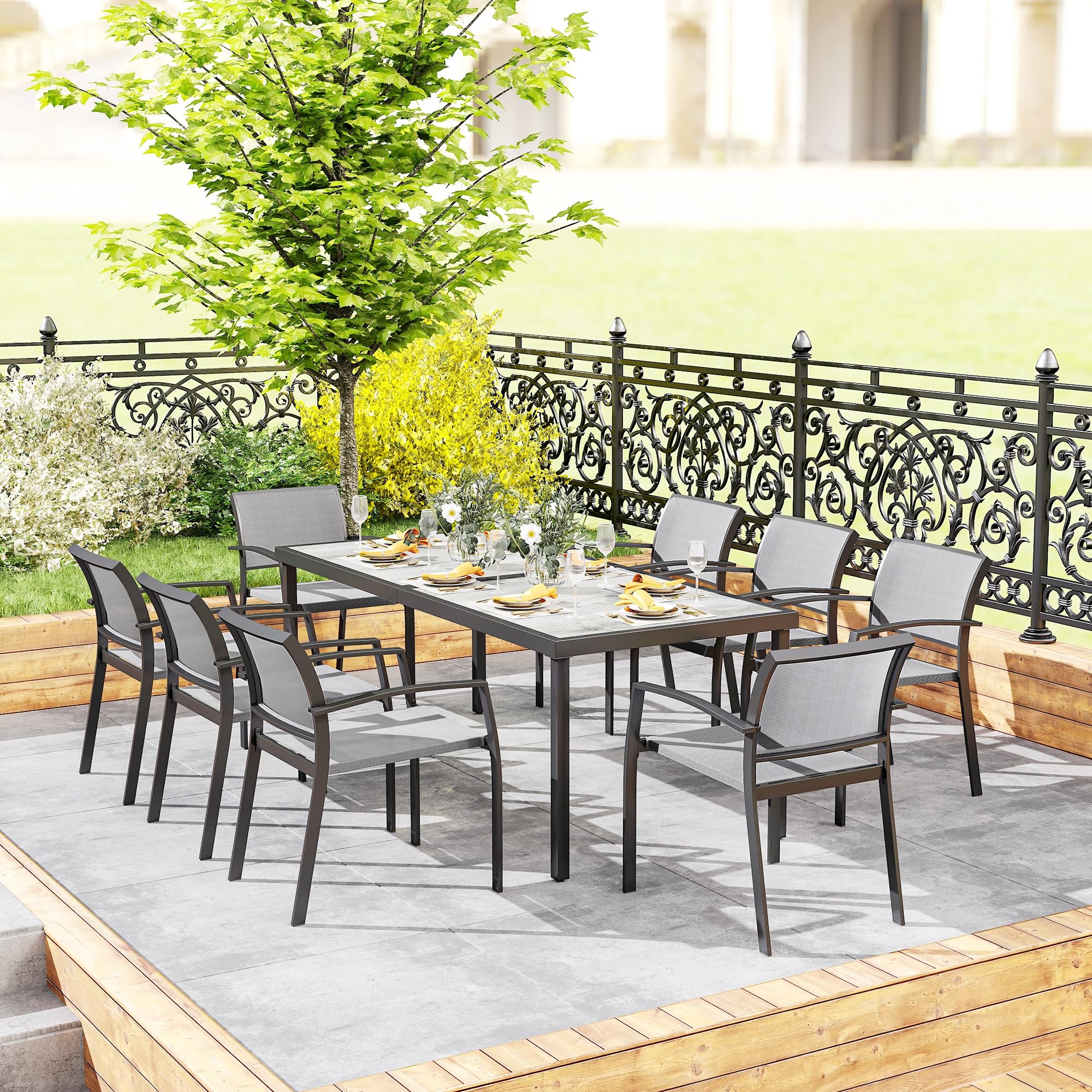Outsunny Set Tavolo da Giardino con Sedie da 9 Pezzi, Set da Pranzo con Tavolo con Piano in PSPC, 8 Sedie da Esterno Impilabili con Braccioli, Set di Mobili in Acciaio e Textilene da Terrazza, Grigio