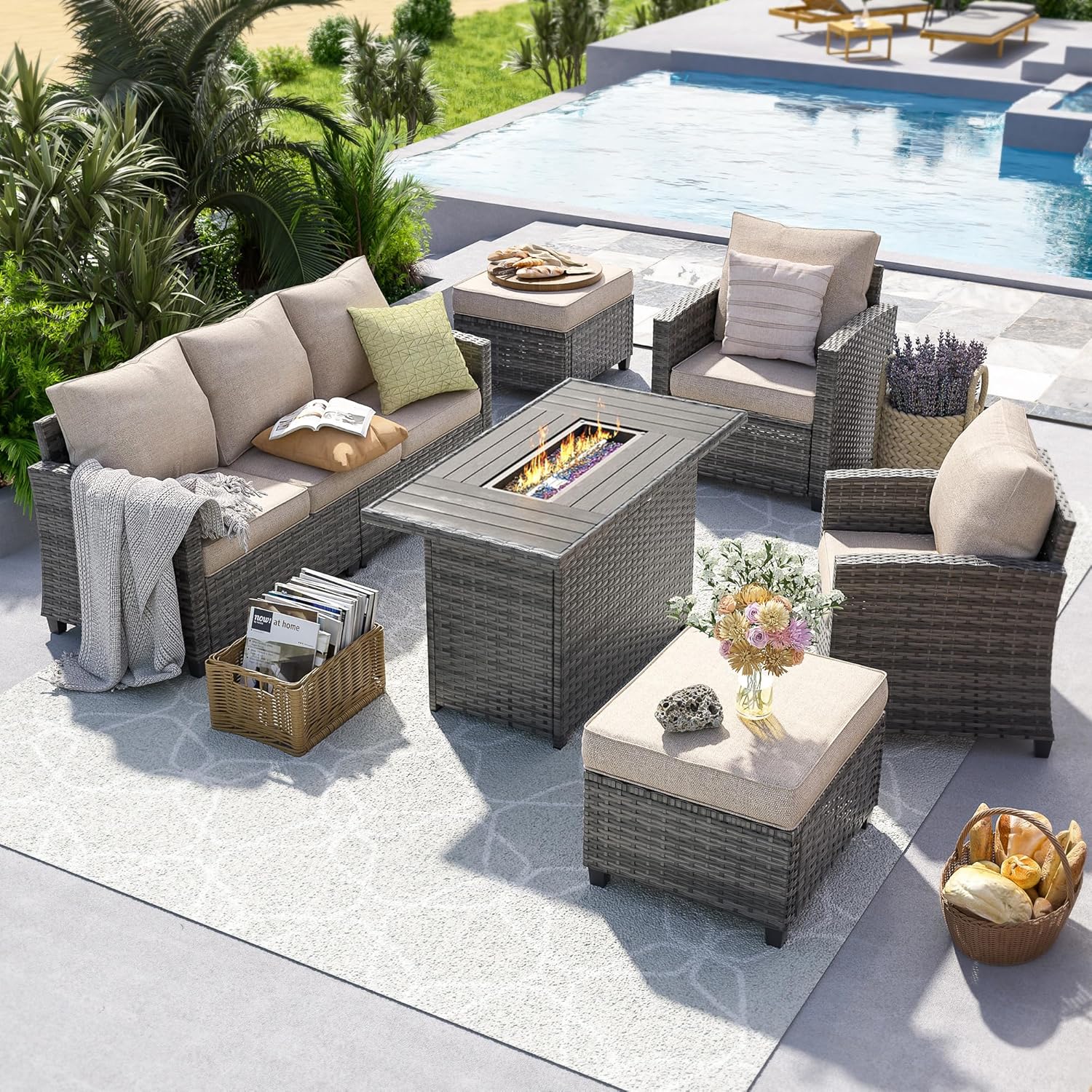 UDPATIO Patio Furniture Set with 44″ Fire Pit Table, 6 Pieces Outdoor Sectional Conversation Sets, All-Weather Wicker Rattan Sofa Ottoman with 4″ Thick Cushion for Garden Backyard Deck, Khaki