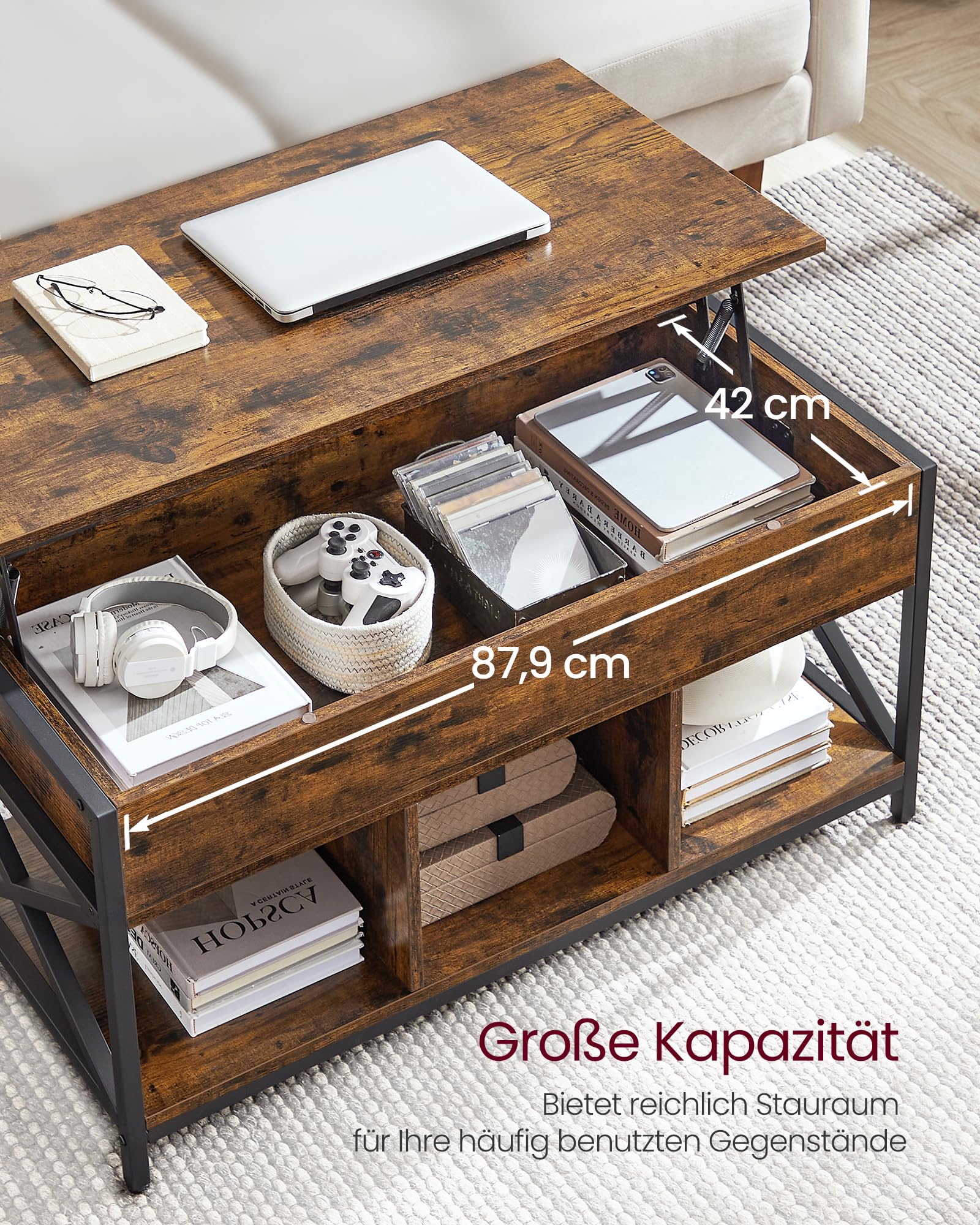 VASAGLE Couchtisch, höhenverstellbarer Wohnzimmertisch, Kaffeetisch, mit verstecktem Stauraum und offenen Fächern, Stahlgestell, 50 x 100 x (46,5-62) cm, vintagebraun-schwarz LCT202B01