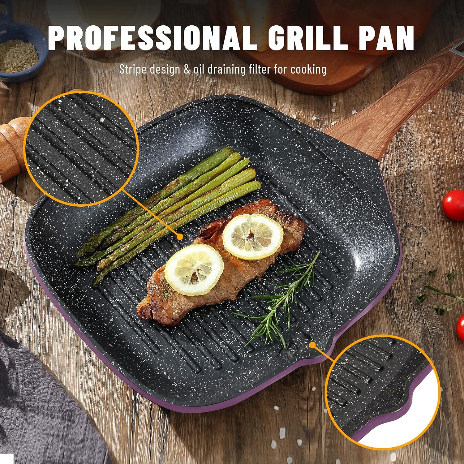 Sakuchi 11 Inch Nonstick Square Grill Pan for Stove Tops Induction, Granite Coating PFOA Free (Purple): Home & Kitchen