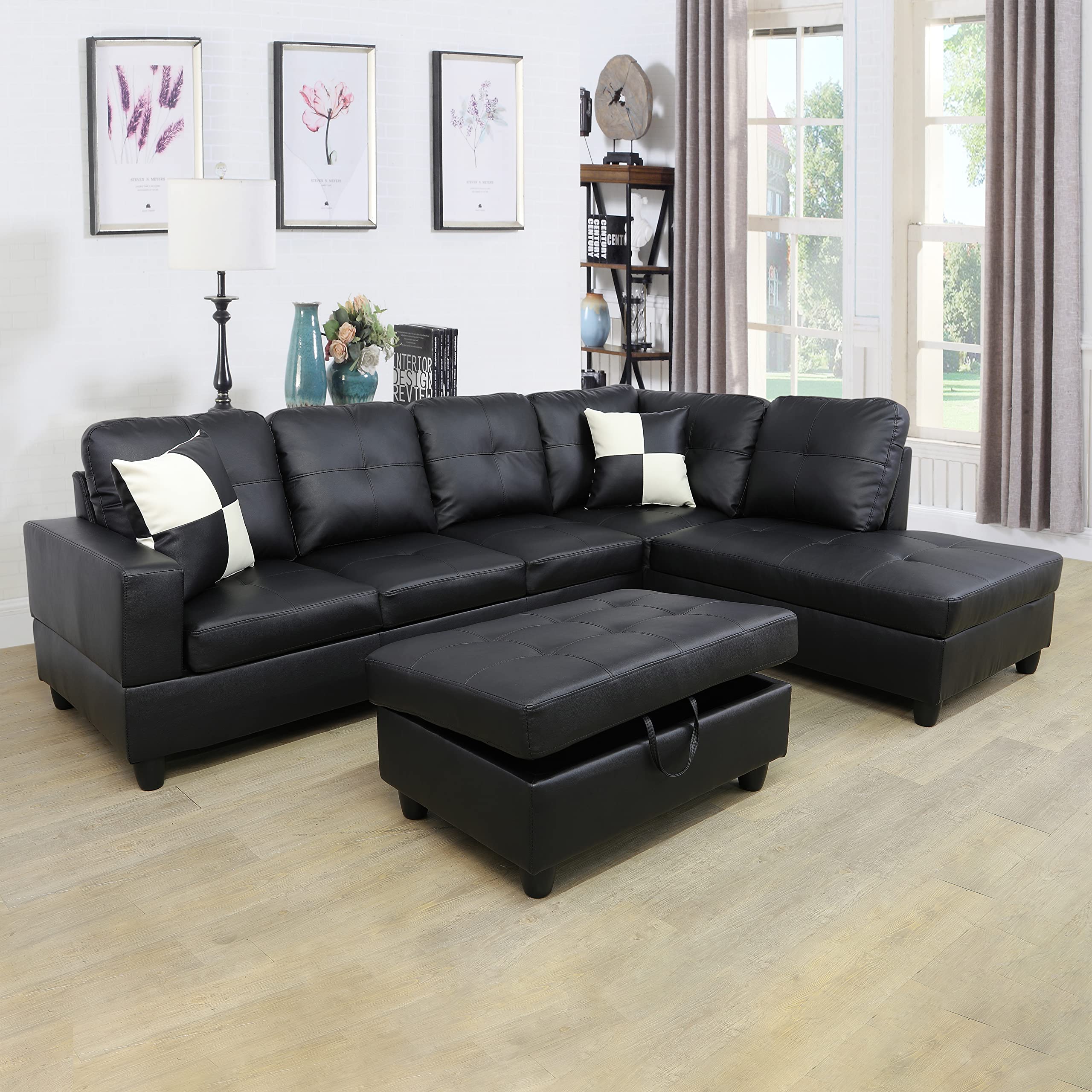 Ponliving Furniture Modern L-Shaped Leather Sectional Sofa (Black, Right Hand Facing)