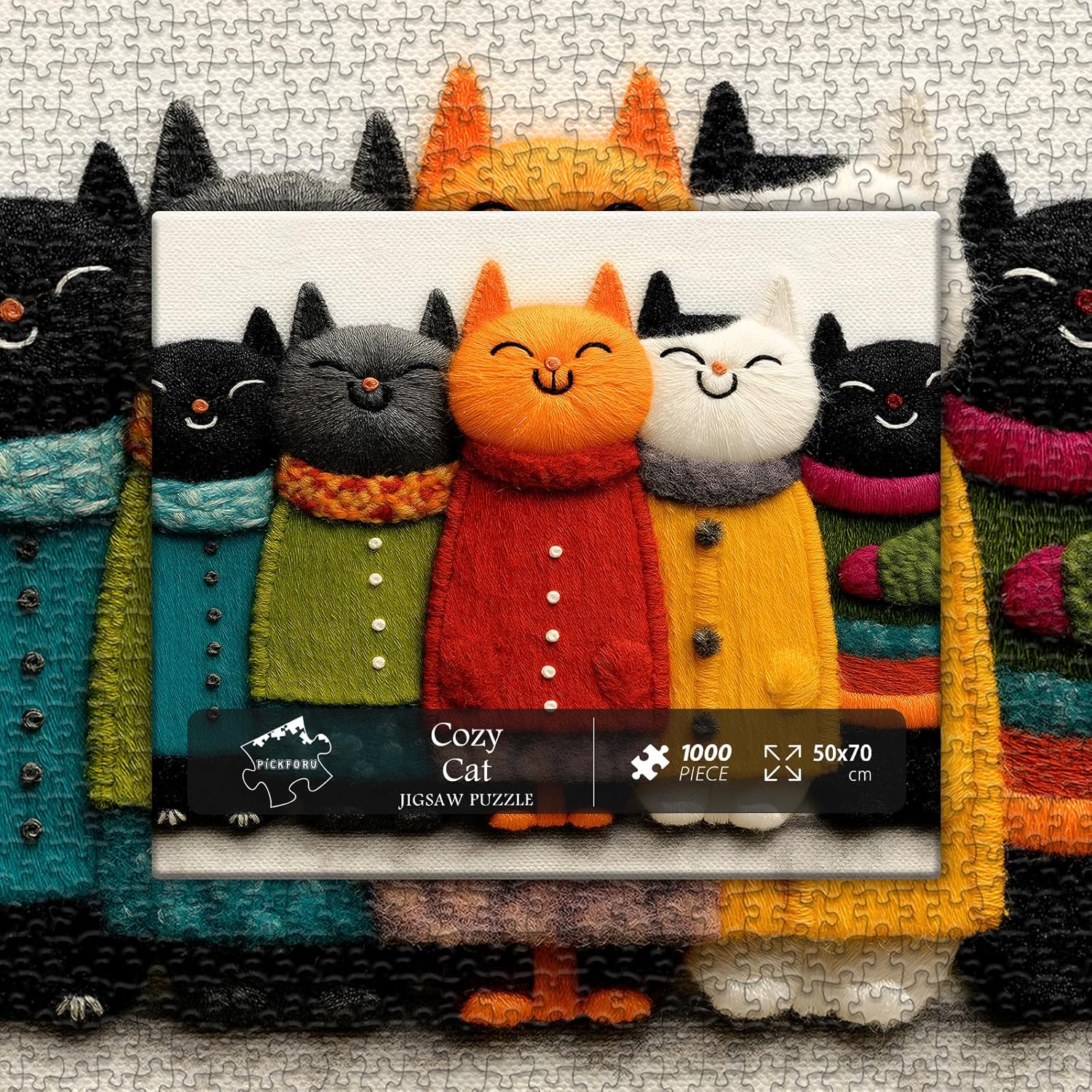 Cat Puzzle for Adults,Cozy Cat Art Jigsaw Puzzle 1000 Pieces, Cute Colorful Kitten Puzzles Embroidery Style, Funny Whimsical Cat Puzzle Kitty Challenge
