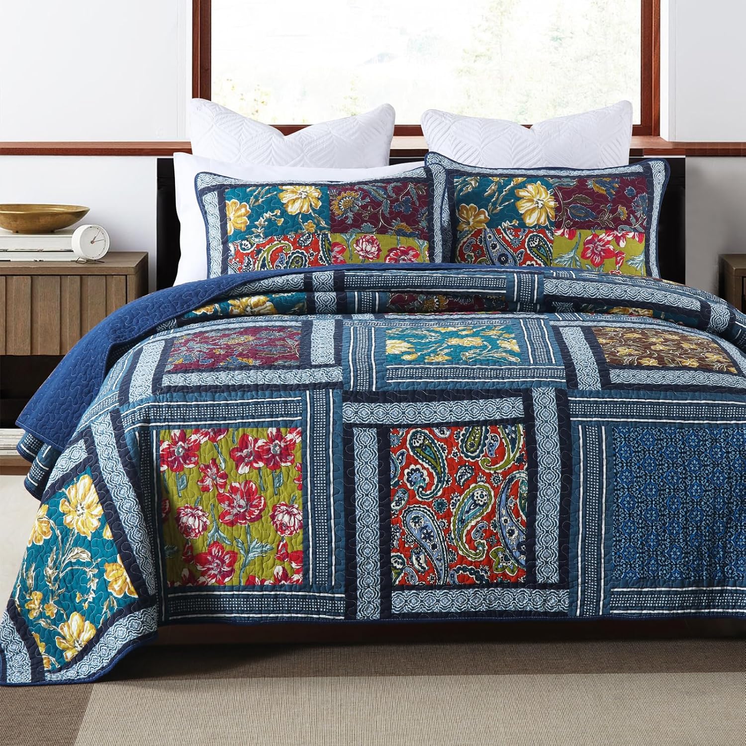 100% Cotton Navy Blue Patchwork Quilt Queen Size, 3-Piece Quilt Set with Multicolor Paisley and Floral Pattern, Vintage Old School Style, Ultra-Soft Breathable Lightweight Bedspread Coverlet
